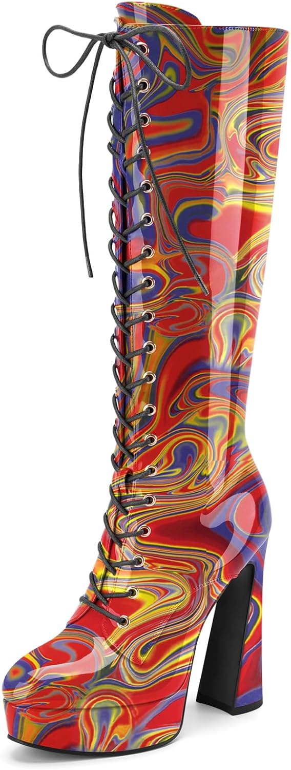 Women's Lace Up Knee High Boots Platform Chunky High Heel Rounded Toe Boots Fashion Patent Leather Long Boots with Zipper