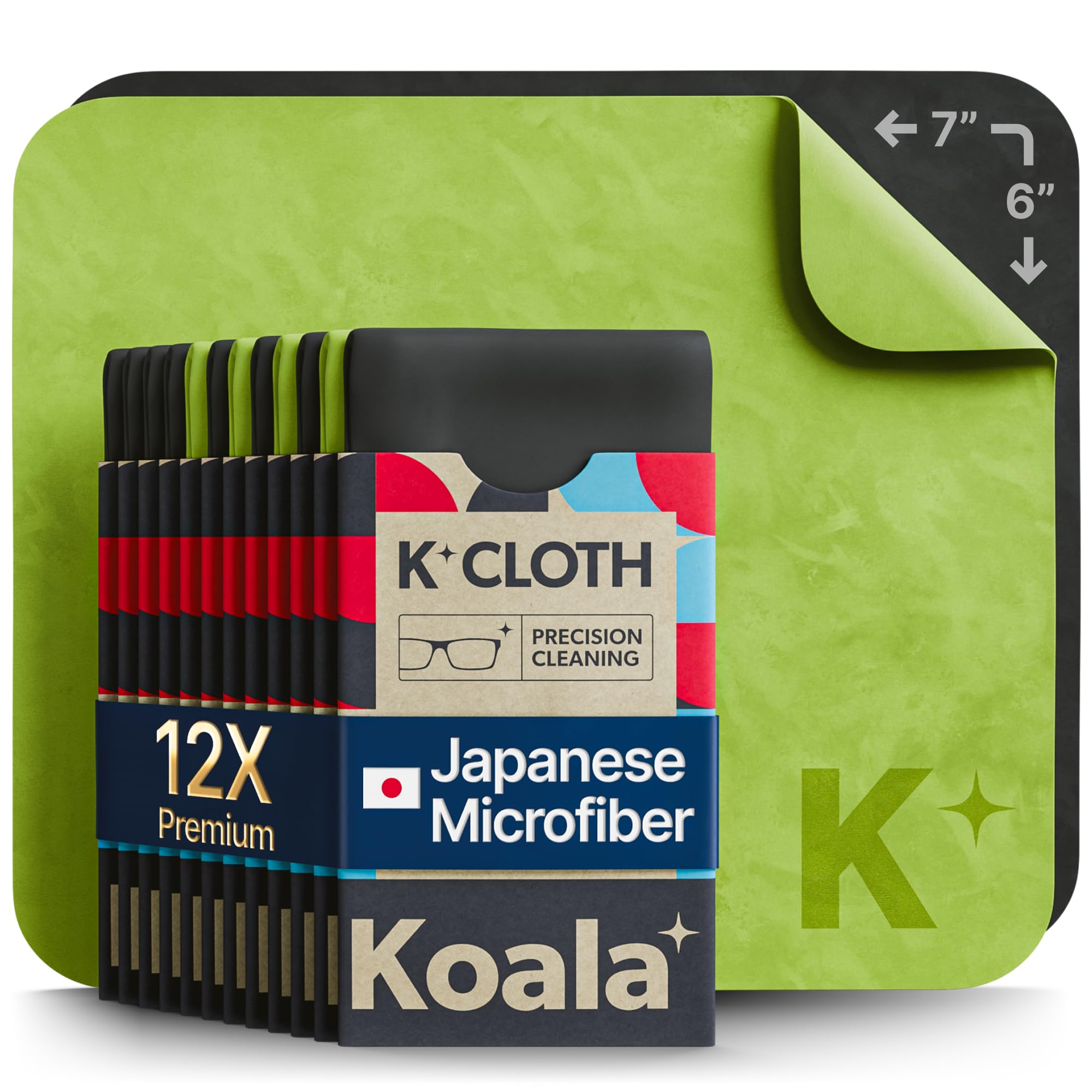 Koala Lifestyle Lens Cleaning Cloth | Japanese Microfiber | Glasses Cleaning Cloths | Eyeglass Lens Cleaner | Eyeglasses, Camera Lens, VR/AR Headset, and Screen Cleaning | Black & Green (Pack of 12)