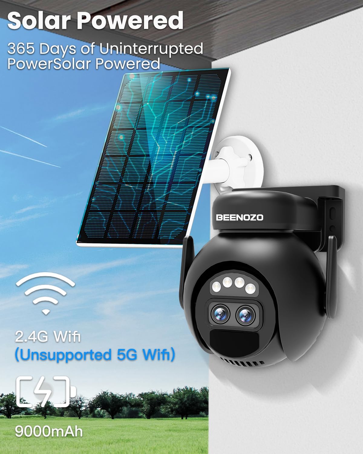 BEENOZO Solar Powered Camera with 2.4G Wifi