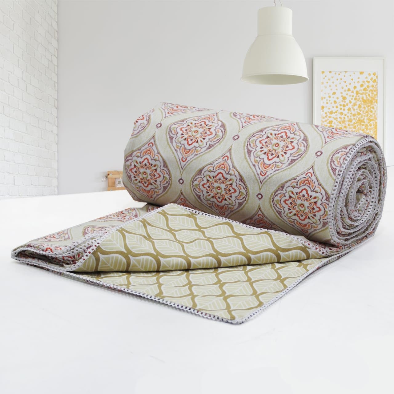 AURAVE Cotton 144 TC Lace Bordered Reversible Dohar, Single, Mustard & Rust