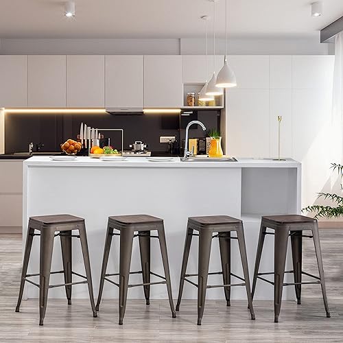 Miniatura 26 de Yongqiang Taburetes de bar de metal de 30 pulgadas, juego de 4 taburetes industriales apilables de altura de barra, taburetes de cocina altos sin