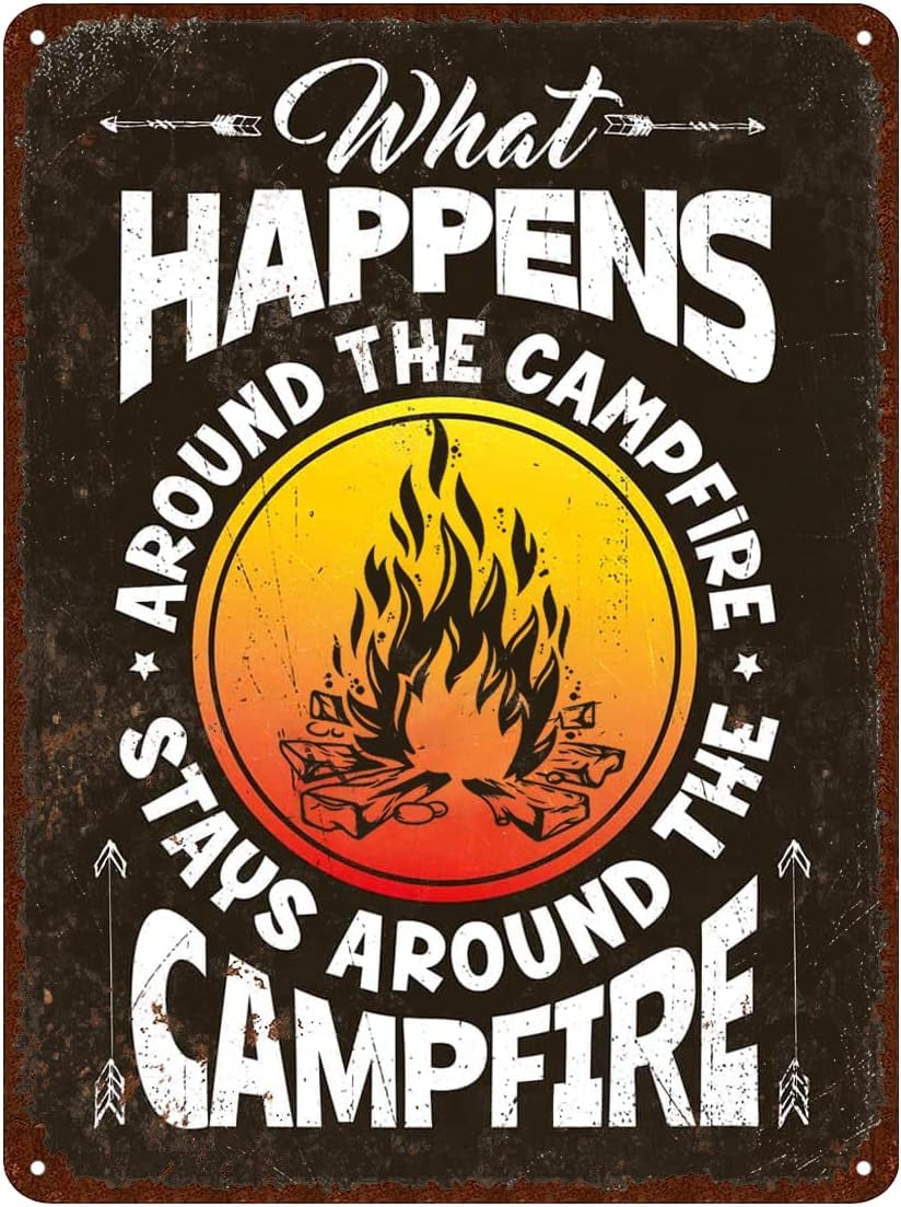 Anceky Camping Decor Signs Interior Camping Accessories Funny Camping Signs What Happens Around The Campfire Stays At The Campfire Home Decor Art Metal Poster Home Bar Store Decor Coffee 8x12 Inch