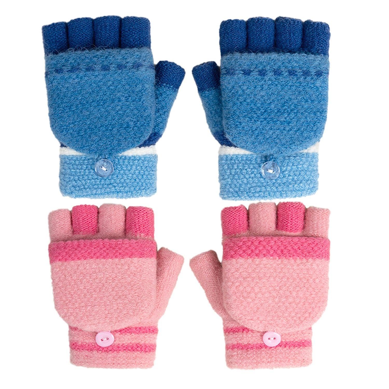 2 Pairs Of Children'S Knitted Gloves, Fingerless Flip-Up Gloves, Winter Warm Gloves, Hooded Fingerless Gloves For Writing, Outdoor Cold-Proof Gloves