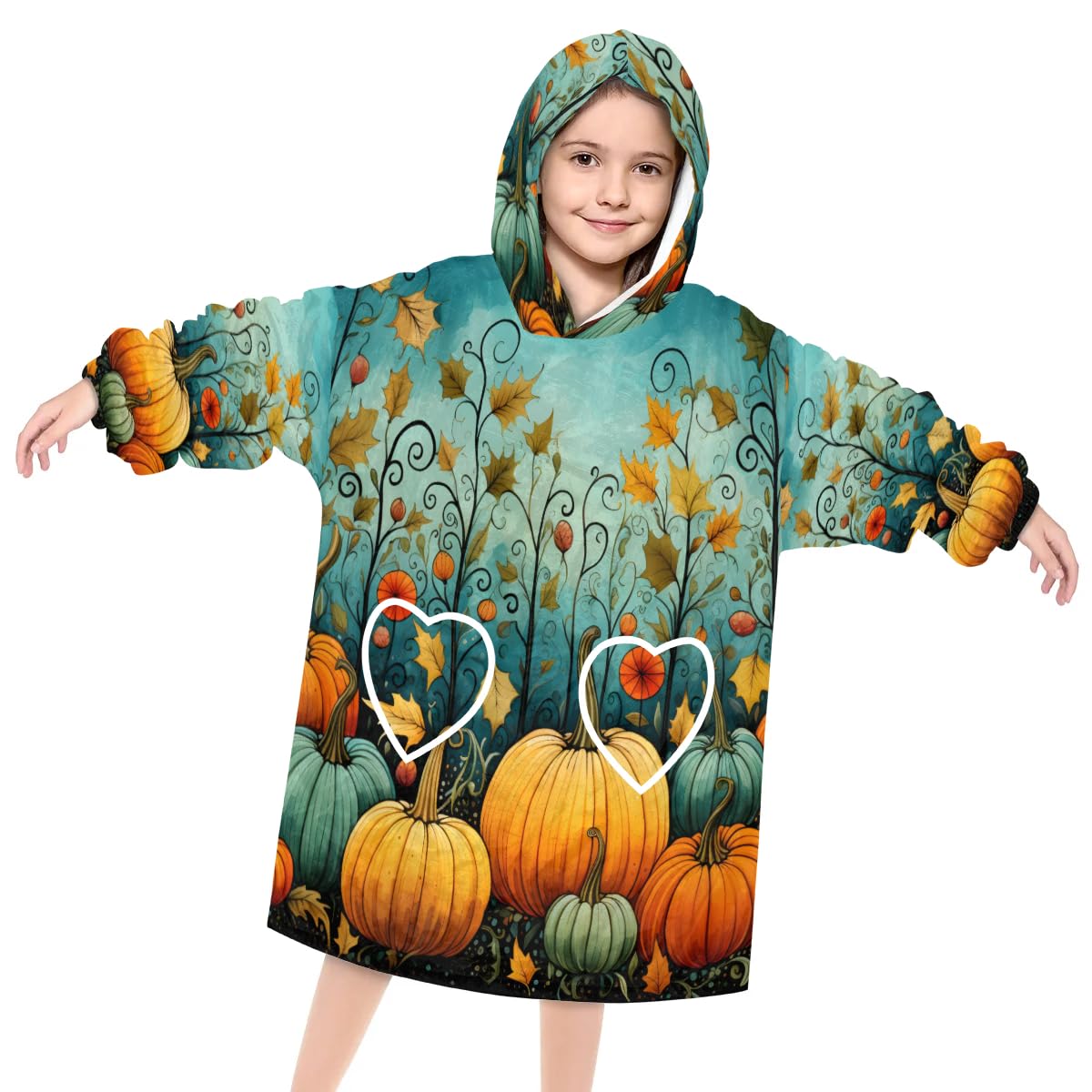 Wearable Blanket Hoodie for Kids, Pumpkins Fleece Sweatshirt Blanket Oversized Blanket Sweatshirt with Pocket Flannel Warm Hooded Blanket 6-10 Year Old Girl Boy Gift, One Size