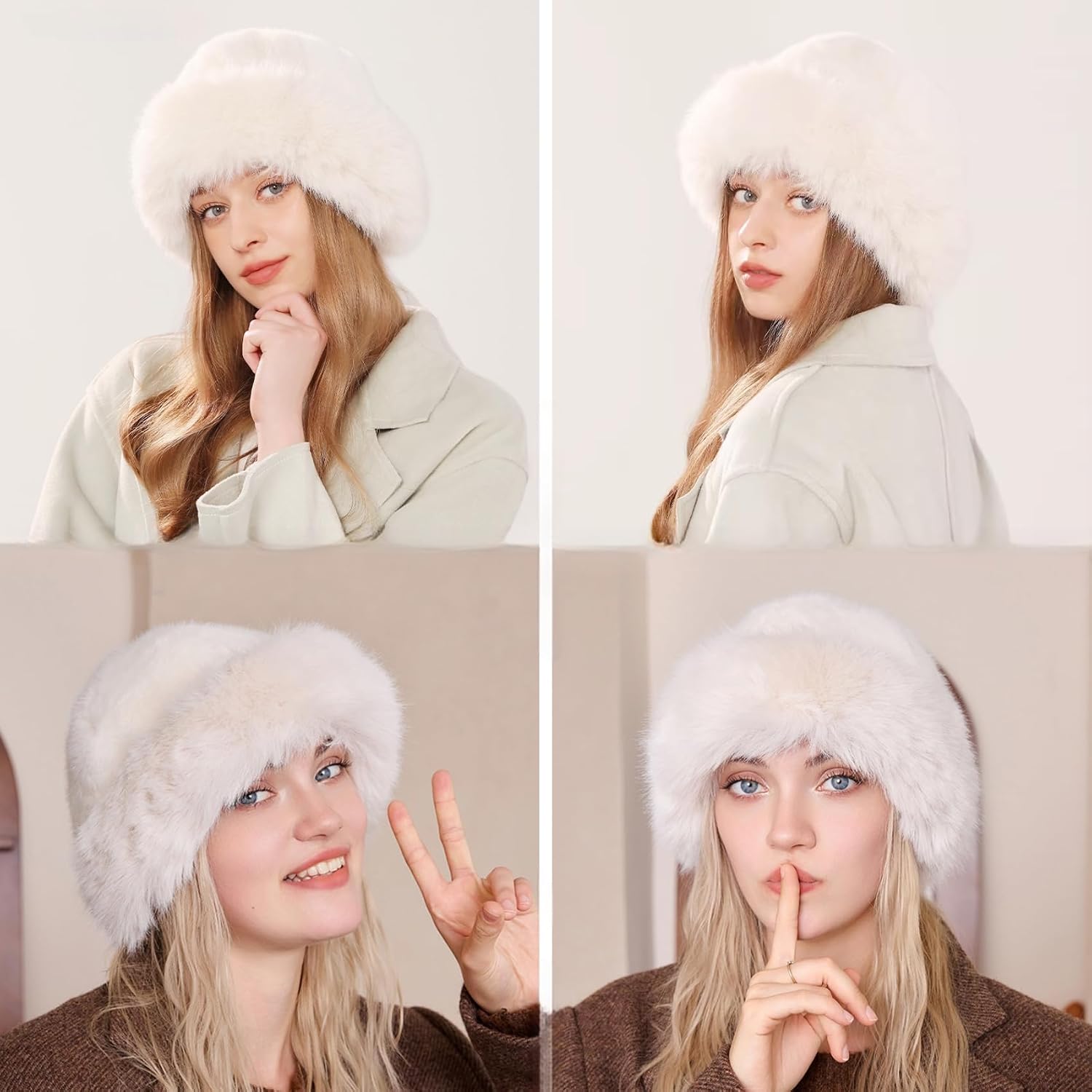 ZGMYC Faux Fur Trimmed Beanie Hats for Women Girls Russian Style Furry Winter Bucket Hats Warm Ski Snow Hat