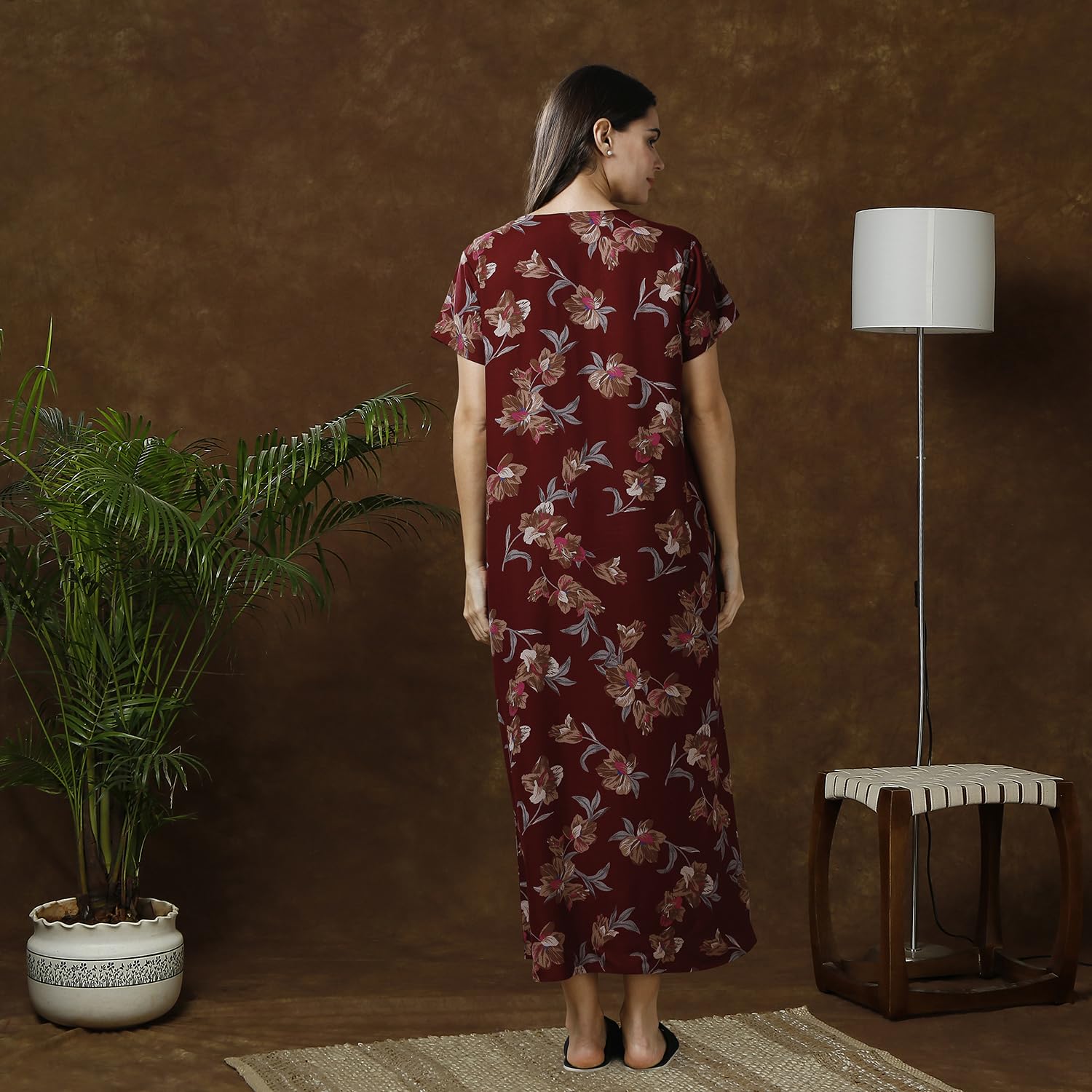 MomToBe Women's Cotton Maxi A-Line Nursing Nighty with Zippers for Nursing Pre and Post Pregnancy (Oak Maroon ; Free Size) - Image 3 thumbnail