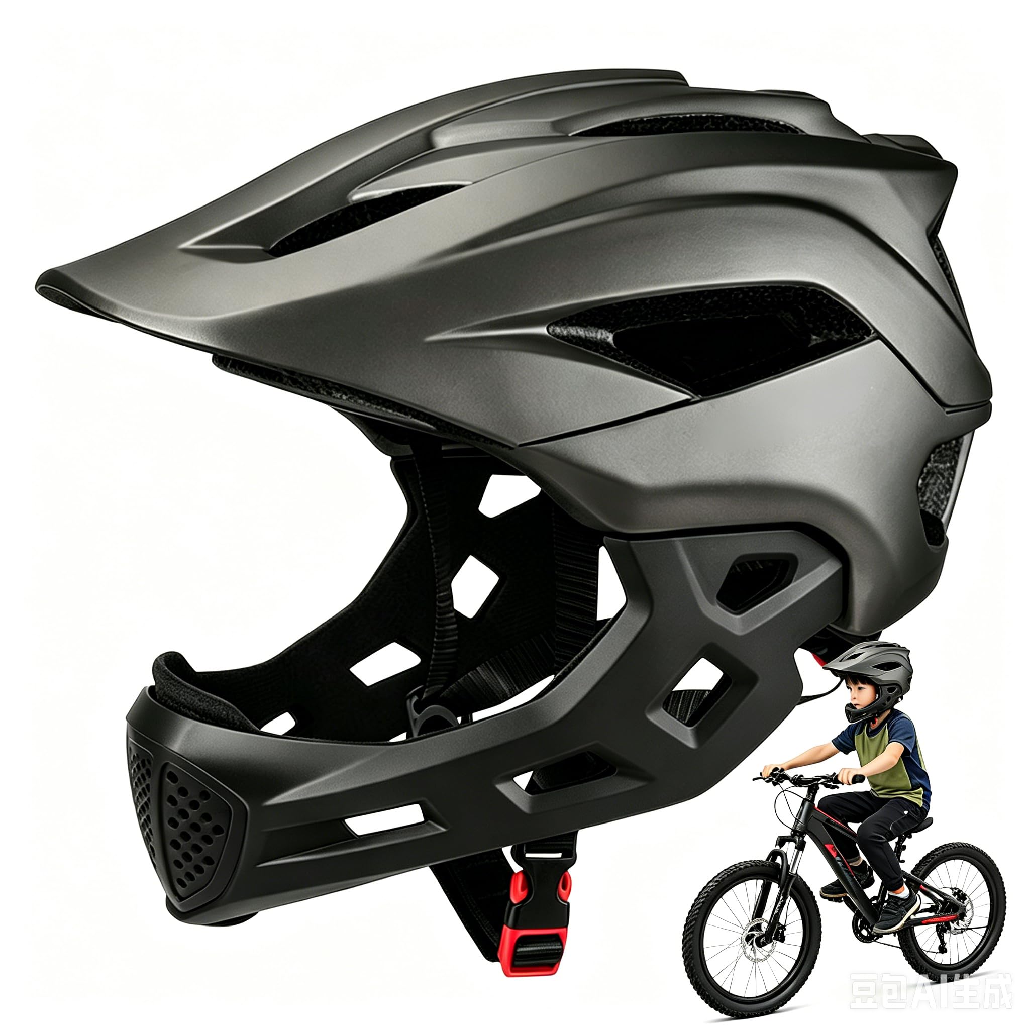 Casco da bicicletta per bambini 2 in 1, con protezione per il mento, per skateboard e bicicletta, leggero casco da mountain bike, rimovibile, per BMX, Dirt Bike (nero)