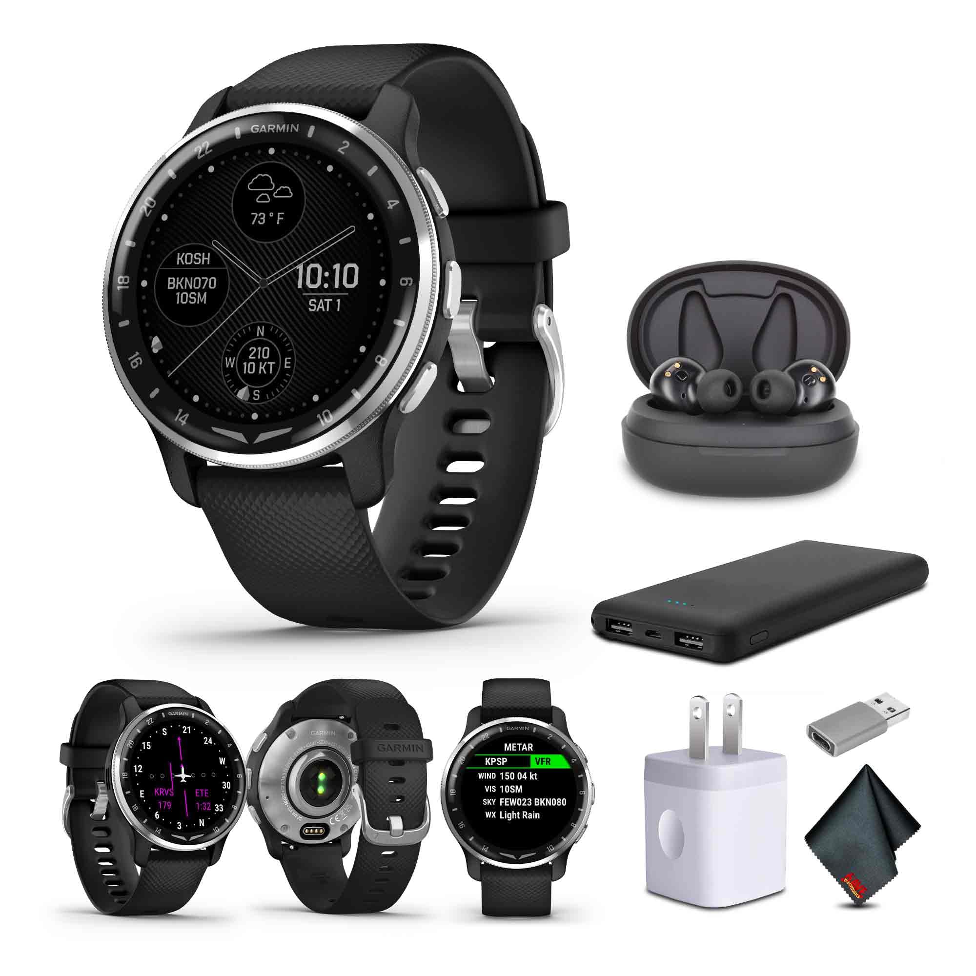 Garmin D2 Air X10 Aviator GPS Smartwatch with Call, Text, Health, Wellness and Aviation Weather Features (Black) + USB Wall Charger + Microfiber Cleaning Cloth + P-Bank + More