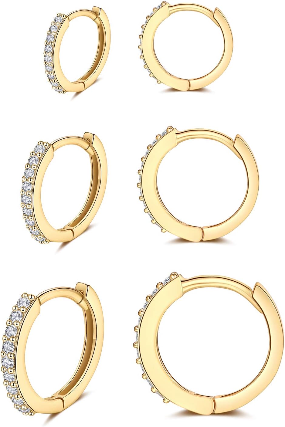 Silver Huggie Hoop Earrings for Women, 3 Pairs Tiny Hypoallergenic Sterling Silver Cartilage Hoops | 14k Gold Small Cubic Zirconia Cuff Earrings Mini Piercing Jewelry for Girls Men Teen (6/8/10/12mm)
