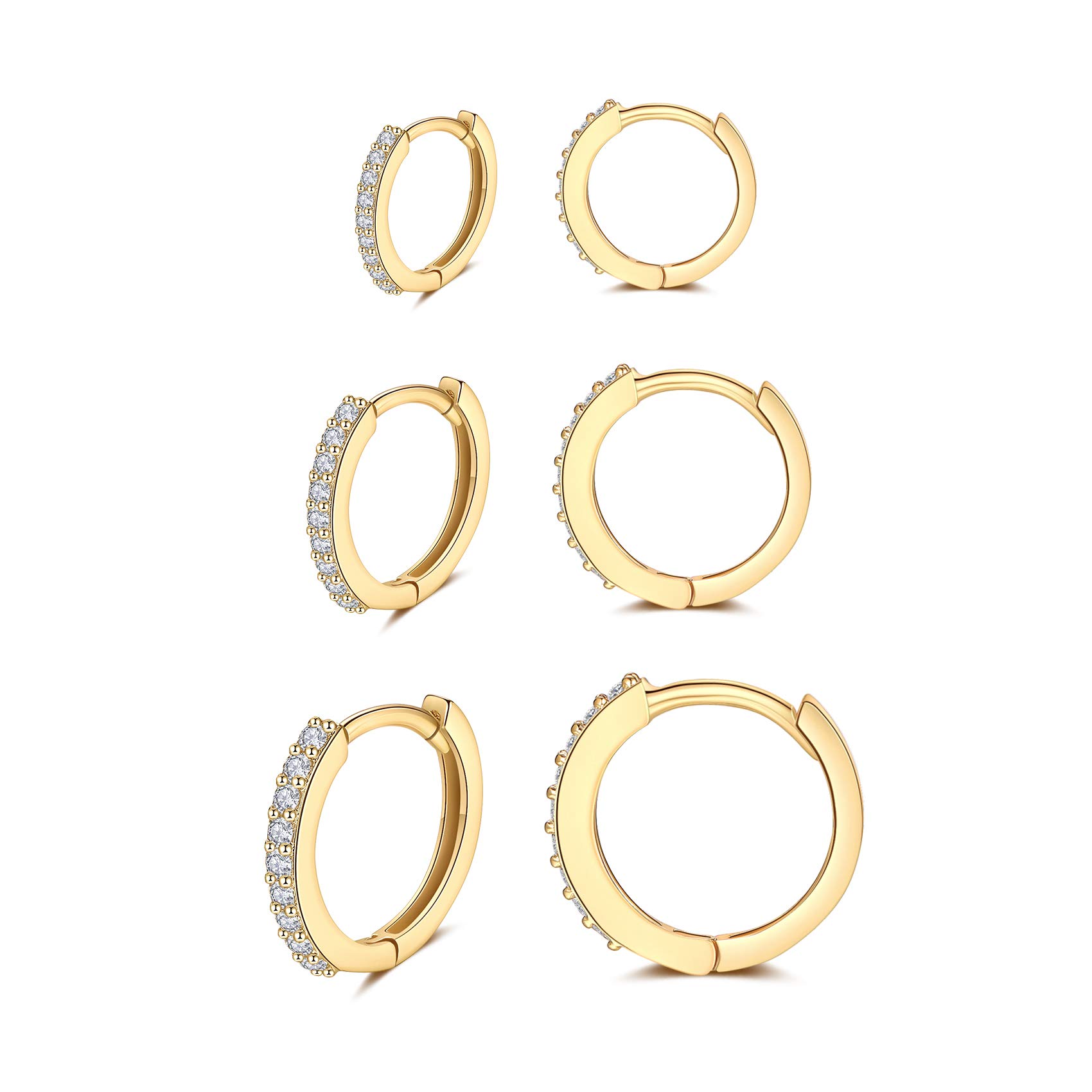 SNORSOSilver Huggie Hoop Earrings for Women, 3 Pairs Tiny Hypoallergenic Sterling Silver Cartilage Hoops | 14k Gold Small Cubic Zirconia Cuff Earrings Mini Piercing Jewelry for Girls Men Teen (6/8/10/12mm)
