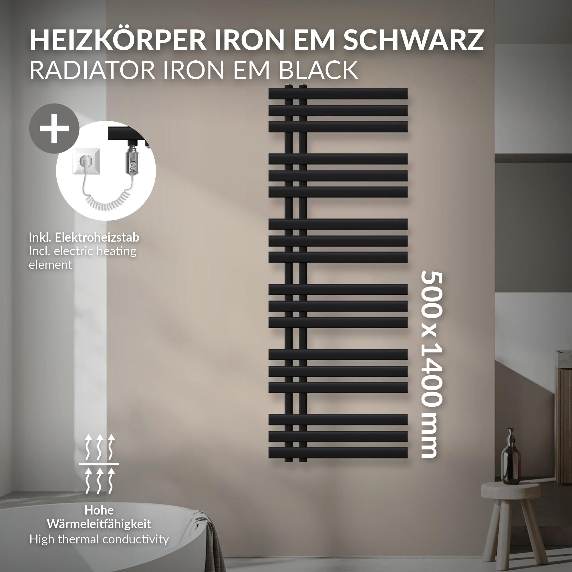 LuxeBath Radiatore Elettrico da Bagno Iron Em 500x1400 mm Nero Opaco Termosifone con Elemento Riscaldante da 900W con Termostato Singolo Termoarredo Scaldasalviette da Soggiorno Calorifero