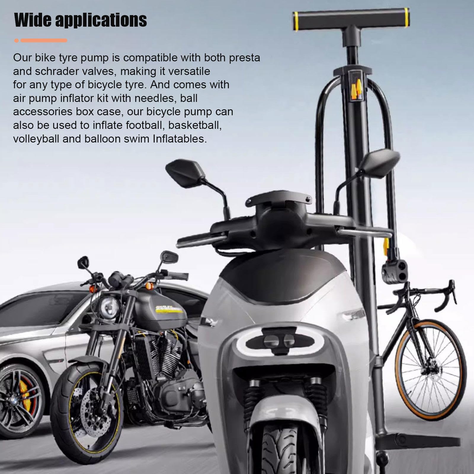 Bomba de Bicicleta - Bomba de Piso para Bicicleta - Bomba de Bola - Bomba de Aire de Alta Presión de 200 PSI con Válvula Presta y Schrader para Todas Las Bicicletas y Pelotas Deportivas