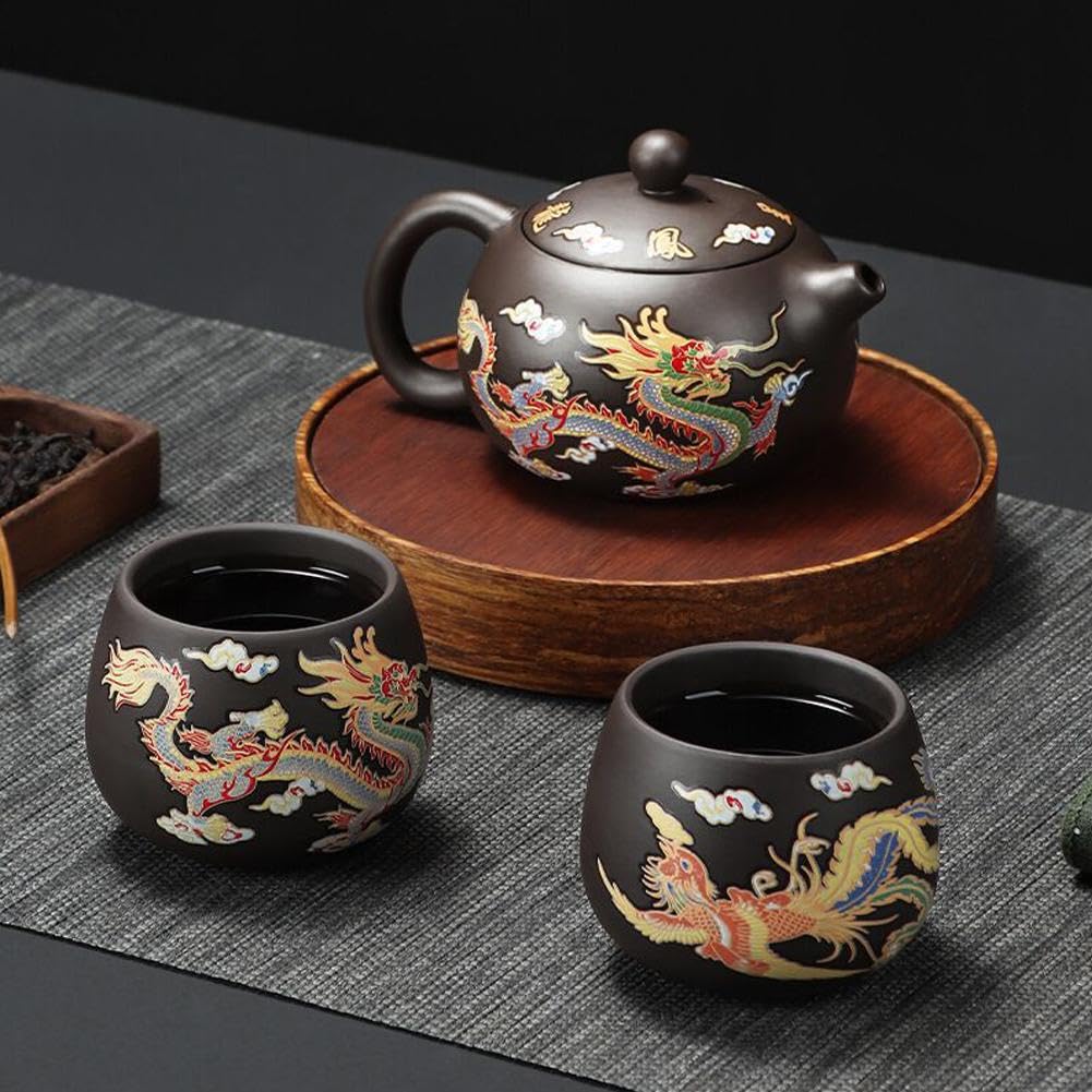 Kleurveranderende theepot, handgemaakte draak en feniks kleurveranderende paarse klei theepot Zisha theeset, waterkoker Kung Fu thee, magische theepot /629 (Color : 1 set