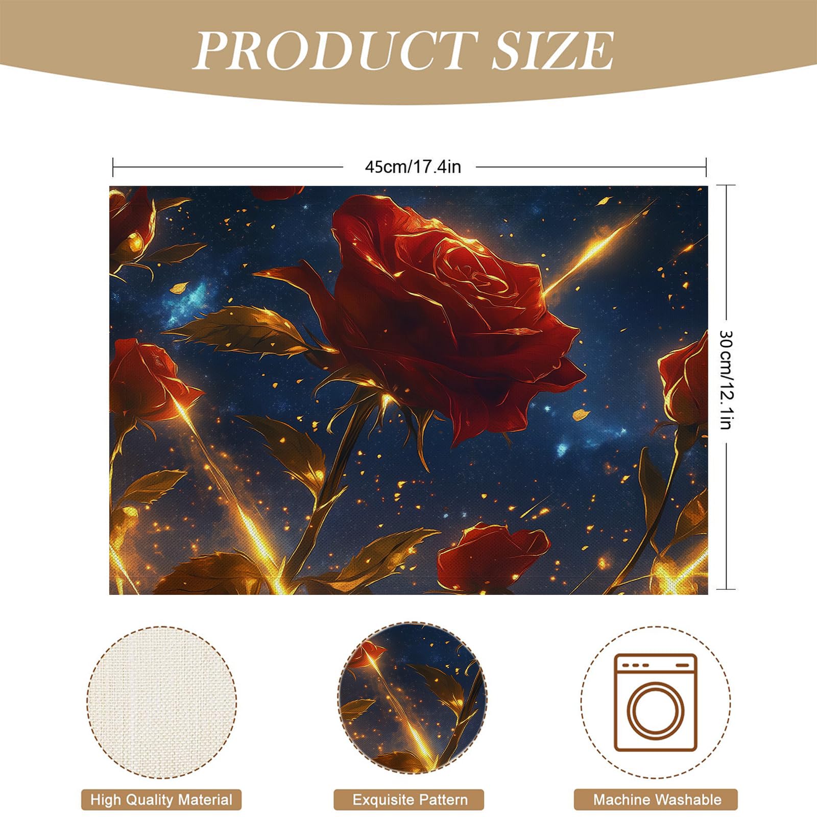 8 Pezzi Tovagliette Americana Cielo stellato - Tovaglietta Americane in Cotone e Lino Rose rosse e foglie dorate Lavabili Sottopiatto per Sala da Pranzo Tavolo da Cucina 45 ×30 cm
