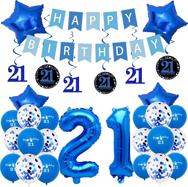 Pargleev 21st Birthday Decorations for Boys Blue, 21st Birthday Balloons with Swirl Decorations Happy Birthday Banner and Star Foil Balloons Confetii Latex Balloons for Party Decorations