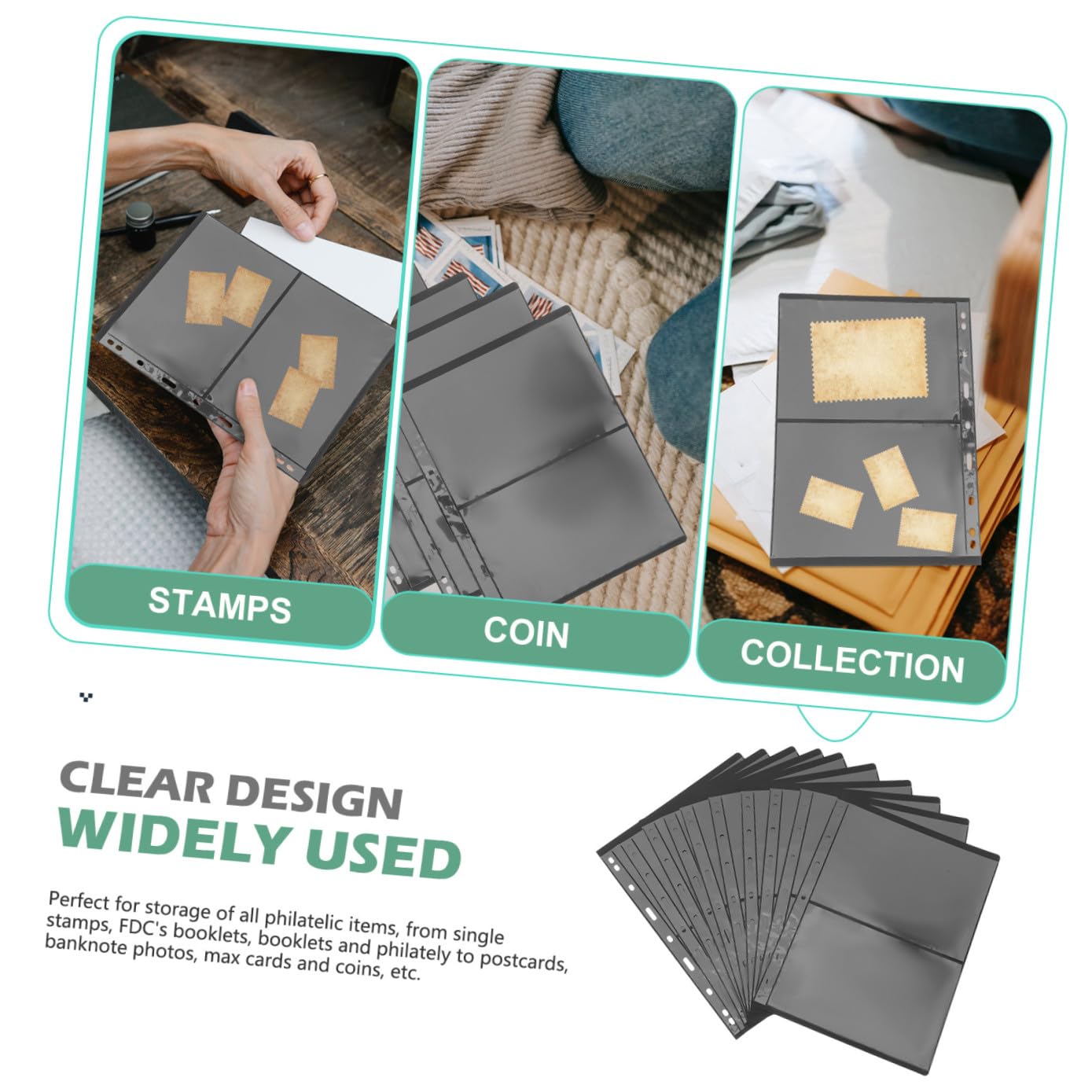 Beavorty Album de Timbres Noir Pvc Transparent 10 Pochettes Double Face Faciles à Utiliser pour Collection de Timbres et Photos