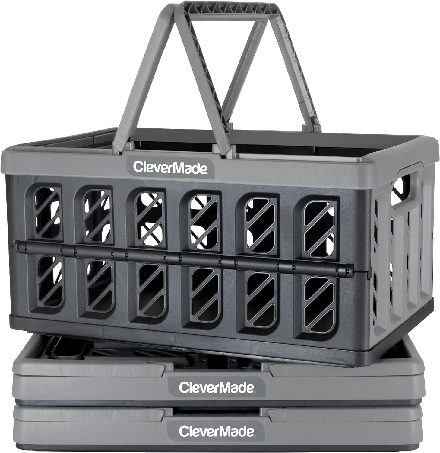 clevermade collapsible shopping basket, stone, 3pk - 24l (6 gal) reusable plastic grocery shopping baskets, holds 25lbs per basket - small foldable storage crates with handles