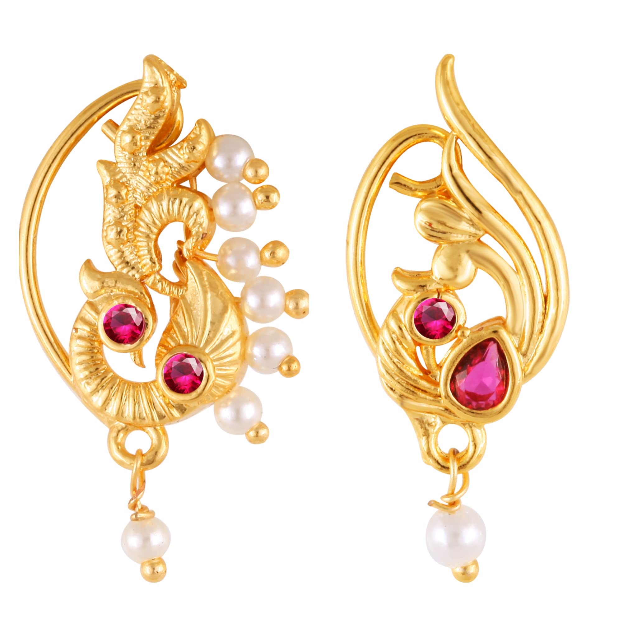 Vighnaharta Gold Plated Mayur Design with Pearl and Artificial stone Alloy Maharashtrian Cultural Nath Nathiya./ Nose Pin valentine day gift valentineday gift for her gift for him gift for women gift for women[VFJ1150-1157NTH-Press-Red]-image-39