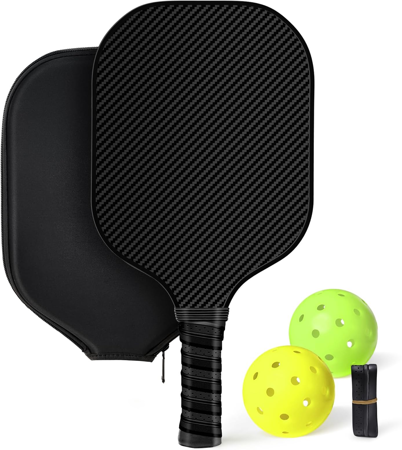 Carbon Fiber Pickleball Paddles Set, Anti-Slip Sweat-Absorbing Cushion Comfort Grip 1 Grip Tapes, 1 Paddle Cover, 1 Paddles & 2 X-40 USAPA Standard Outdoor Pickleball.