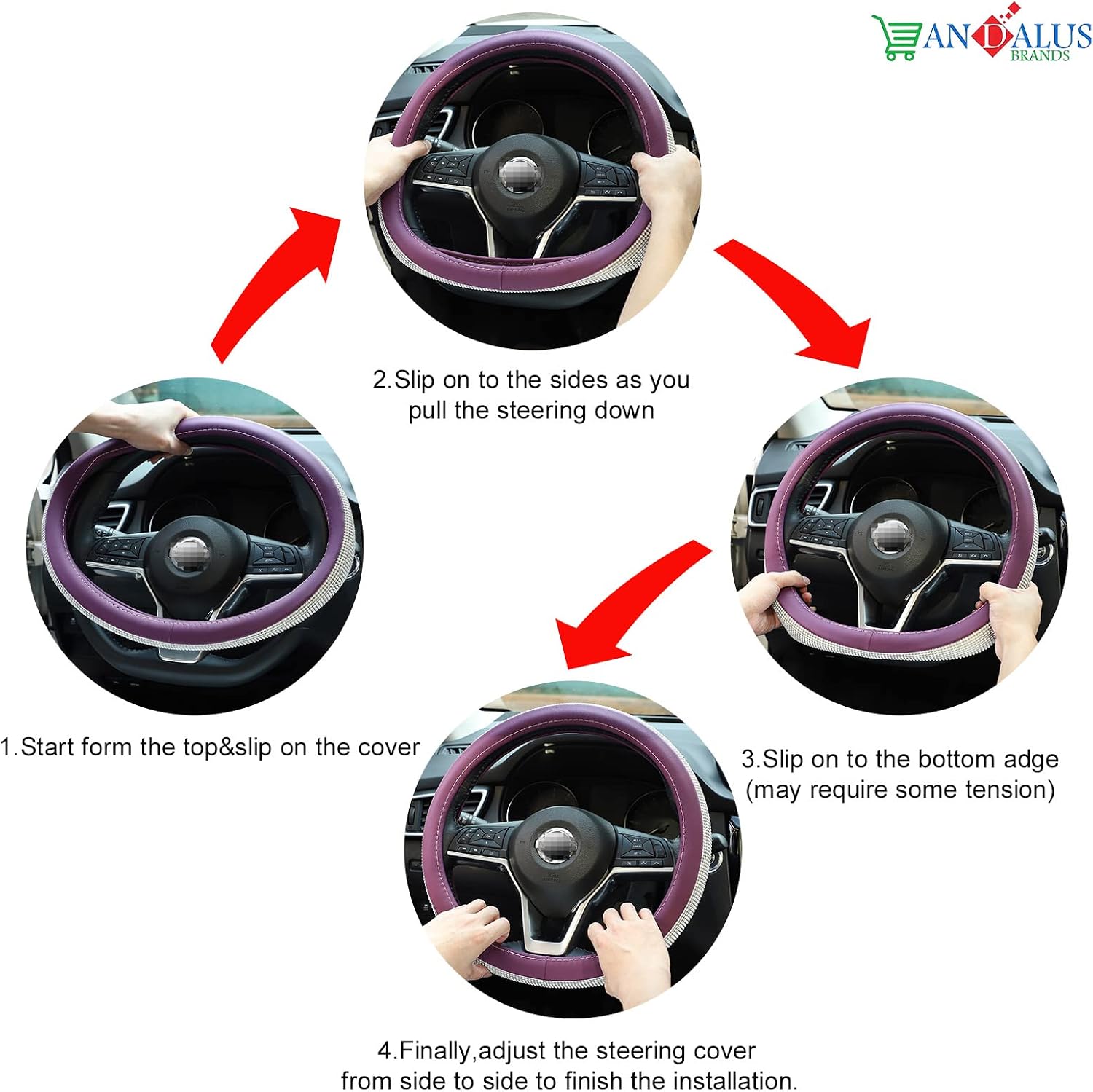 Andalus Diamond Microfiber Leather Car Steering Wheel Cover - Steering Wheel Cover - Women's Gift - Universal 15 Inch - Crystal Rhinestone Covers - Bling Car Accessories (Purple with White Diamonds)