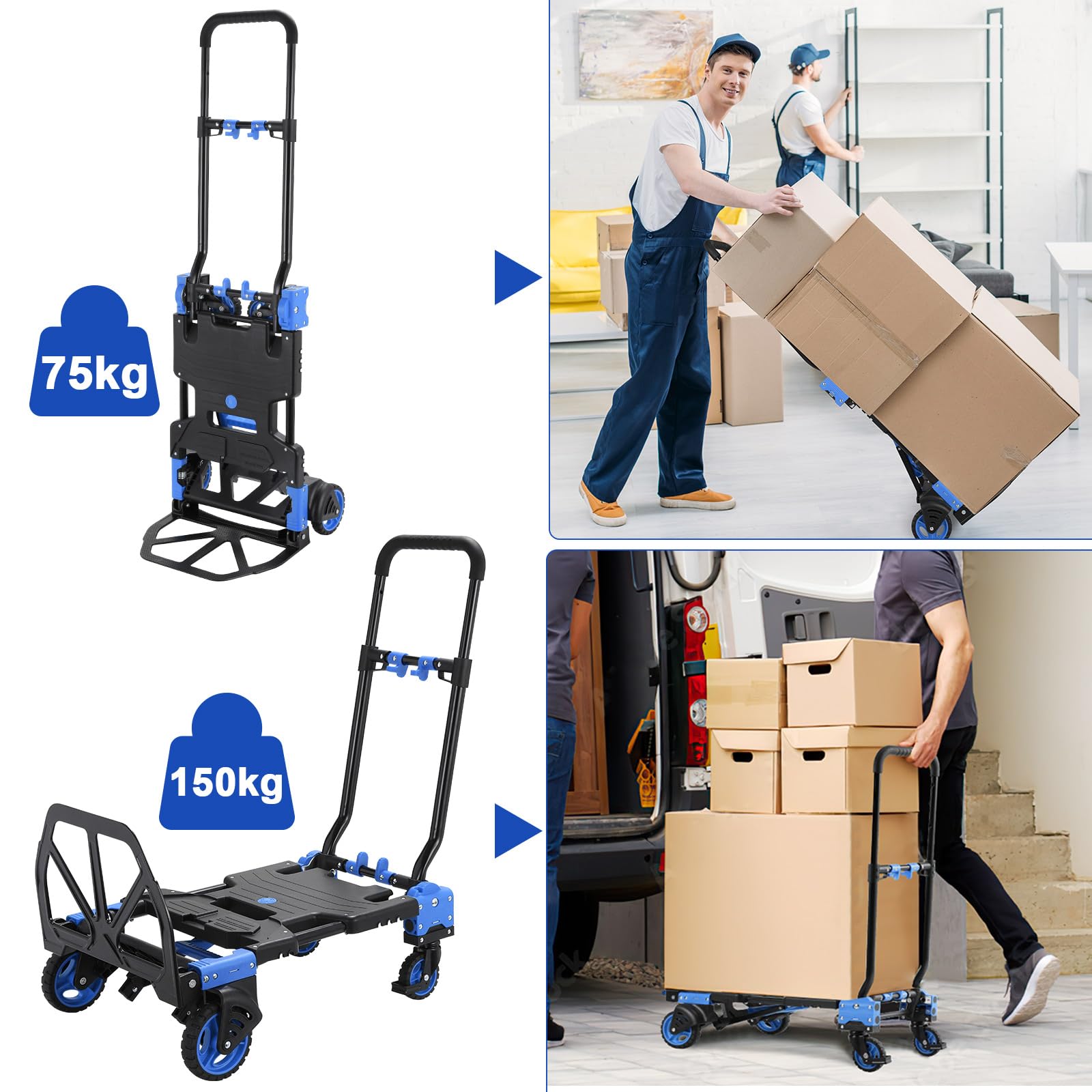 Wózek transportowy 2 w 1 i wózek platformowy ze składanym pudełkiem, wózek transportowy, składany maks. 150 kg, wózek transportowy, 2 gumki napinające z haczykami, 3-stopniowa regulacja wysokości, do