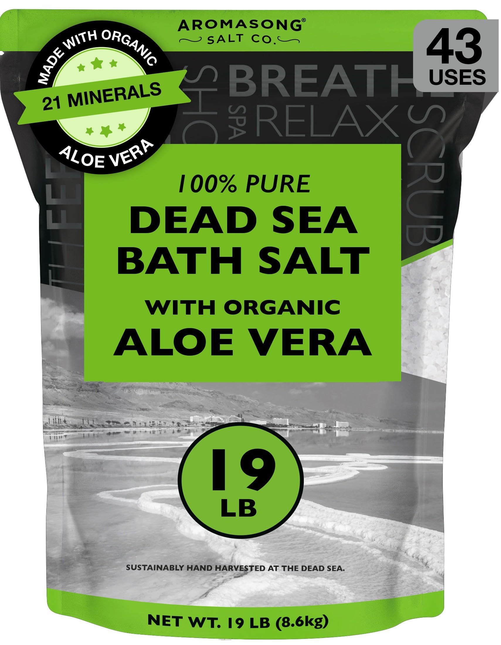 Aromasong Dead Sea Salt with Organic Aloe Vera, Spa Bath Salts, 19 Lbs Fine Bulk resealable Pack, 100% Pure & Natural, Soak for Women & Men for Tired Muscles & Skin Issues (Packaging May Vary)