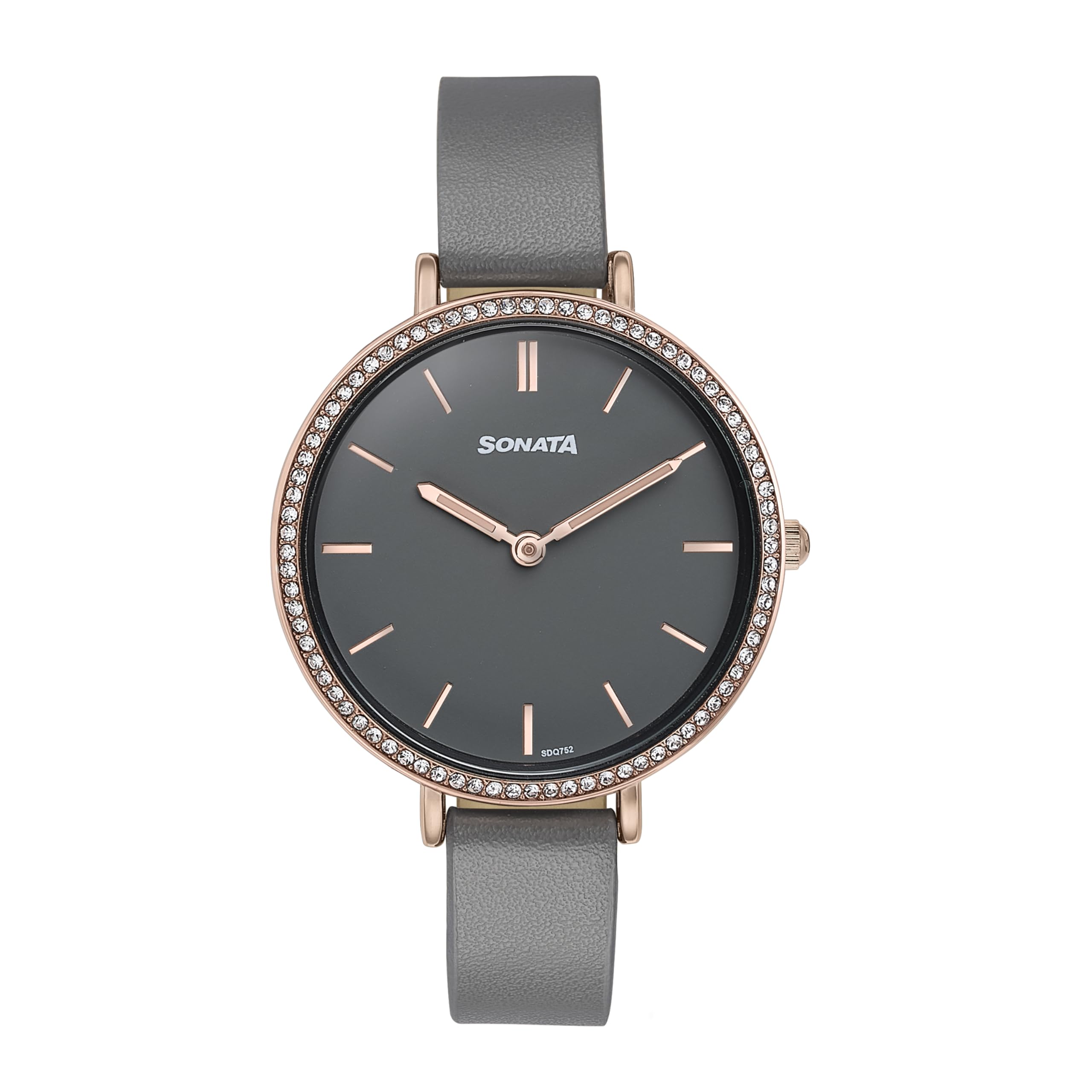 Quartz Analog Grey Dial Grey Leather Strap Watch for Women-image-23