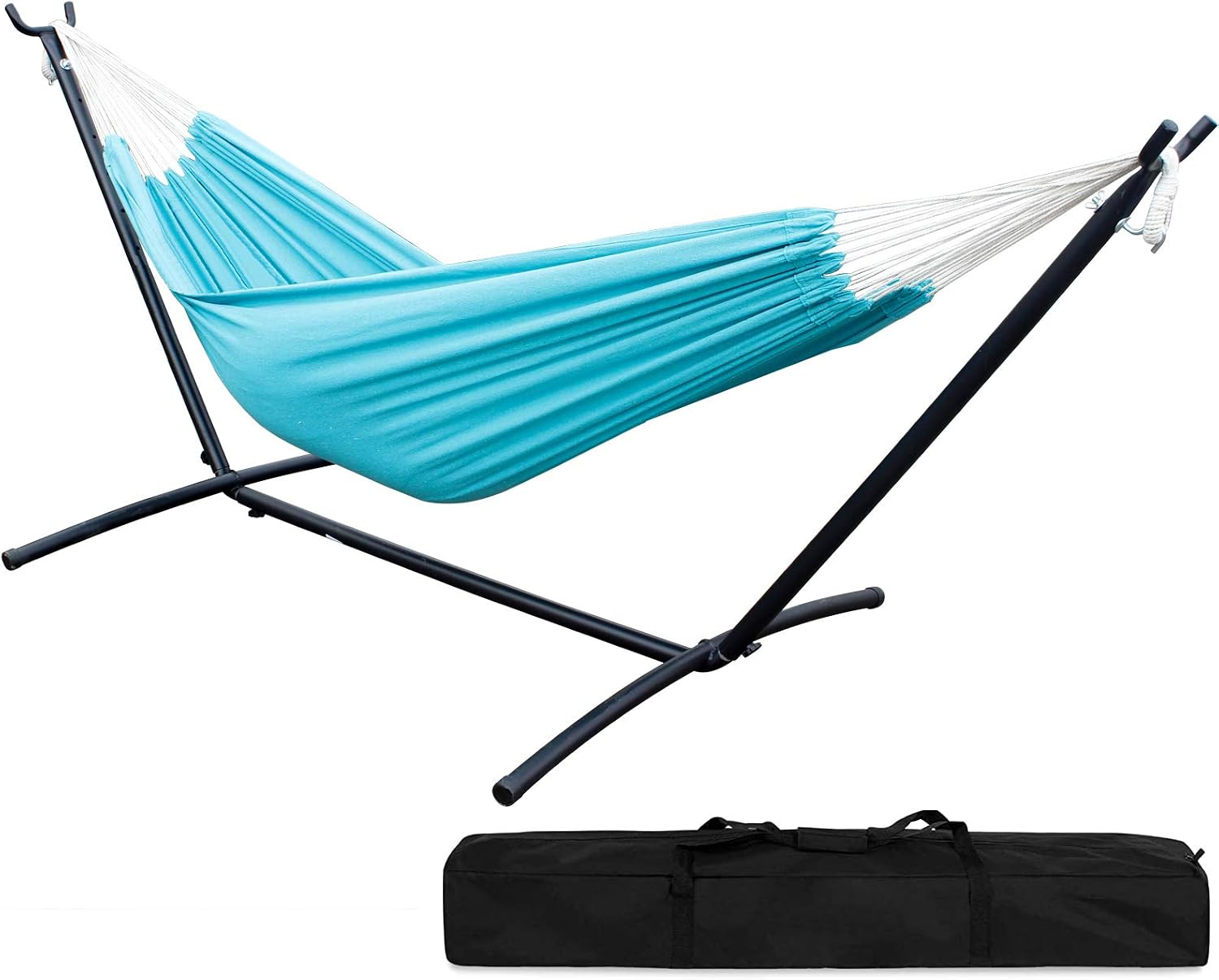 SUNNY GUARD Double Hammock with Space Saving Steel Stand Included Protable 2 Person Heavy Duty Brazilian Hammock for Patio Porch Backyard Garden（450lb Capacity）-Aqua