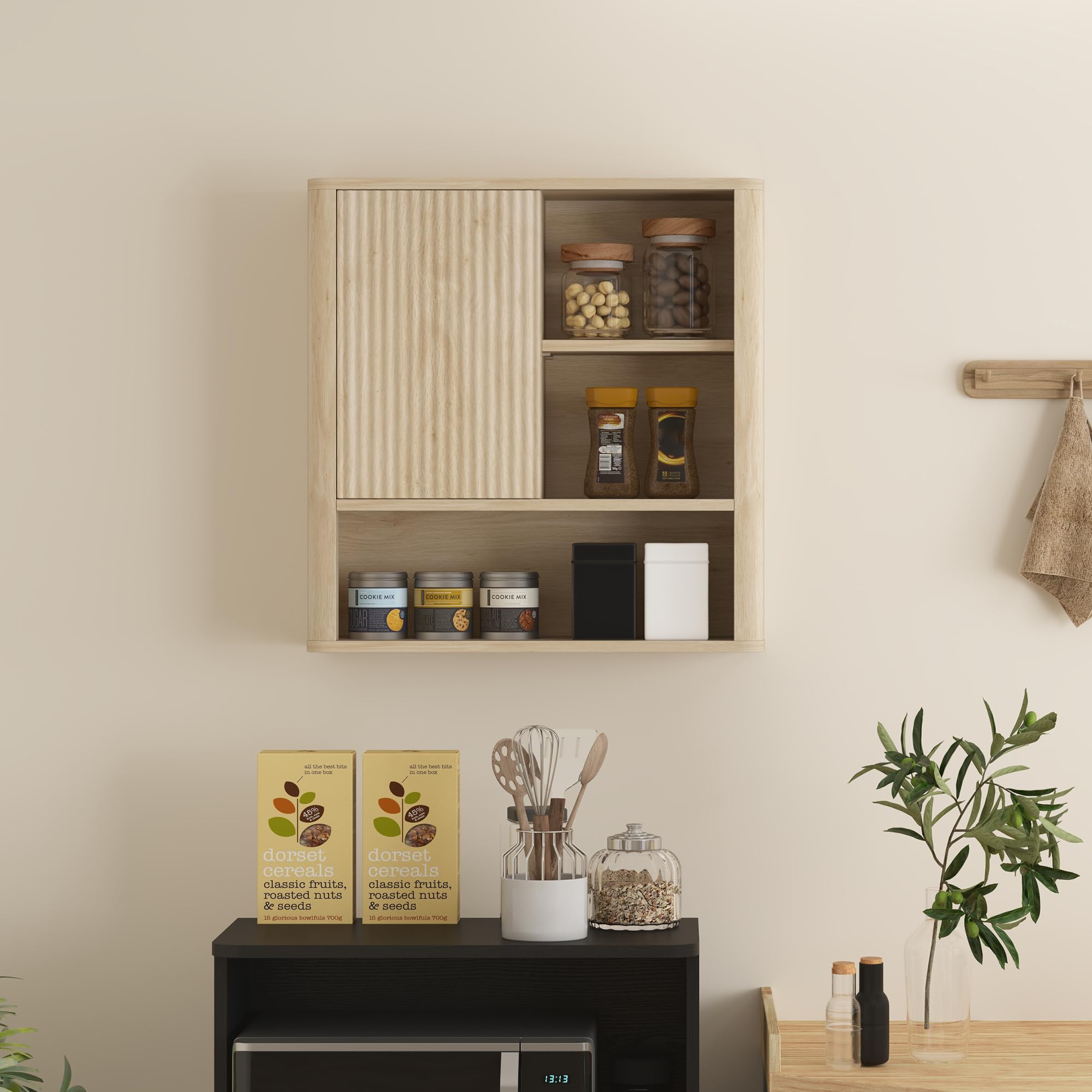 HOMCOM Armoire Murale Armoire Suspendu 60 x 20 x 62 cm Bois Naturel | Meuble Haut Salle de Bain, Porte Coulissante, Étagères Ouvertes, Étagères Réglables