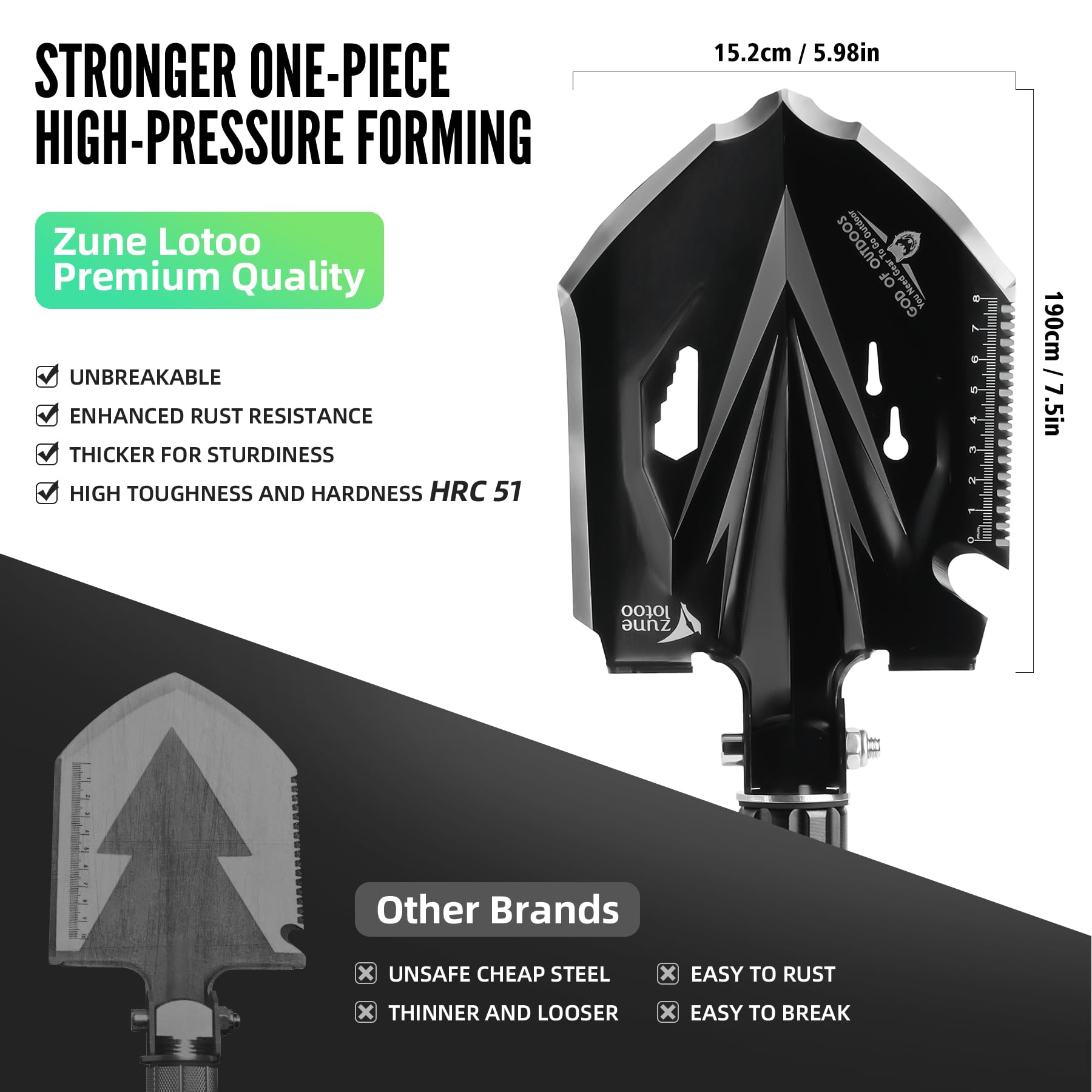 Zune Lotoo Survival Schaufel, 18 in 1 Kleine Camping Spaten Klappbar aus Kohlenstoffstahl, Kompakte Klappspaten Outdoor mit 3 Winkel Verstellbare für Offroad Camping Survival Wandern Garten