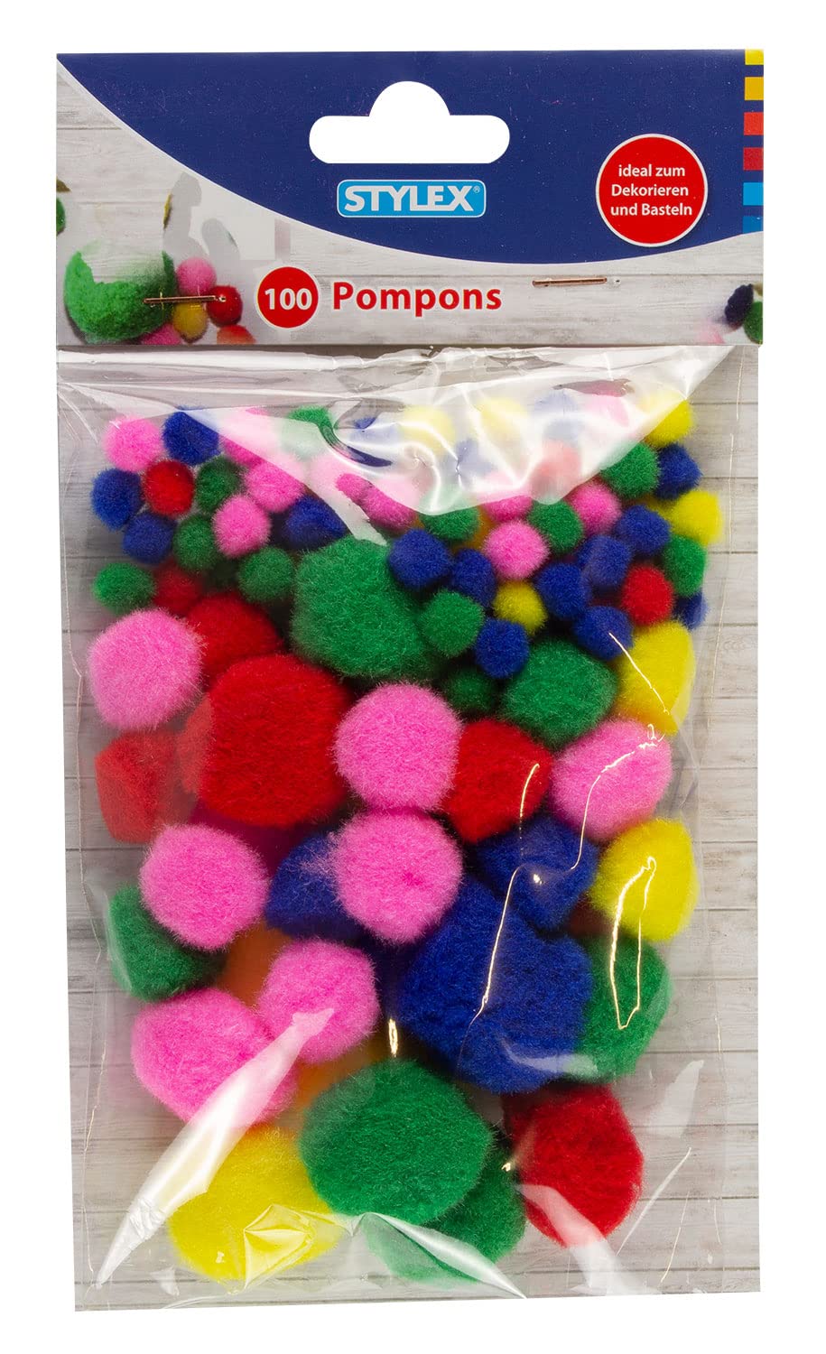 Stylex46467 46467 Pompoms, 100 Fluffy Balls Assorted Sizes and Colours, Ideal for Colourful Crafts, Multi-Colour, Various