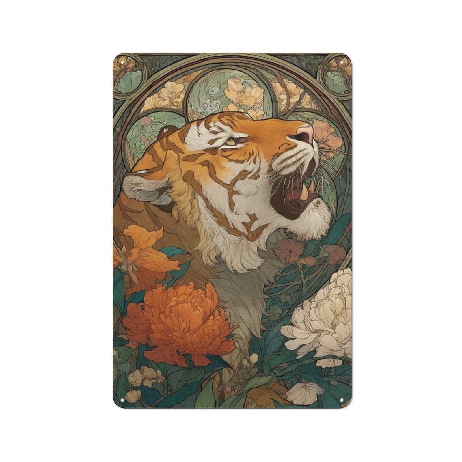 Junmoney Tiger In Bloom Tin Wall Plaque 30X20cm With For Man Cave Or Games Room, A Christmas Gift For Leisure-Room Decor Enthusiasts