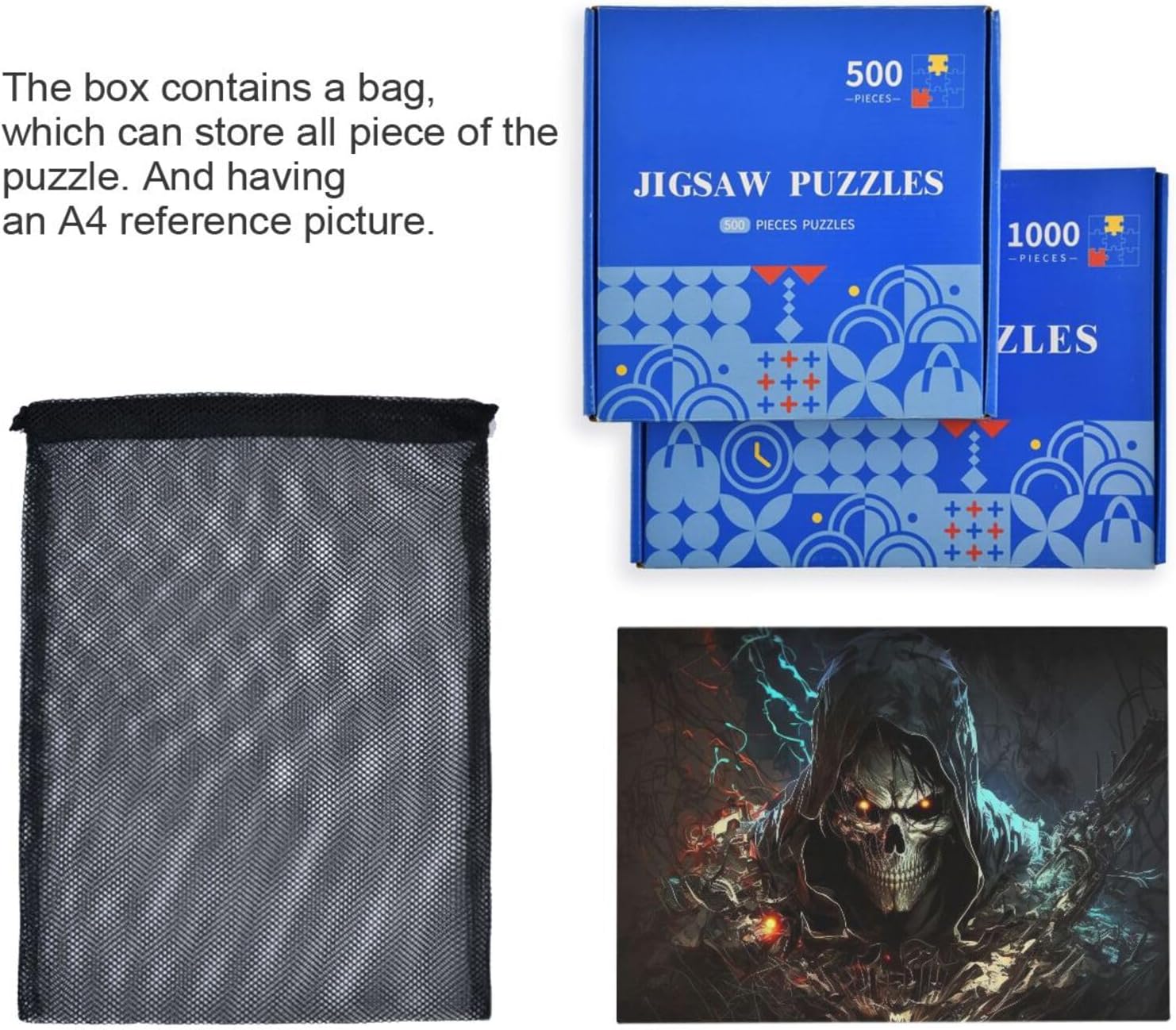 Wooden Jigsaw Puzzle 500 Pieces Dark Skull Print, Zigsaw with Alphabet Partition Storage Bag Easy to Solve for Adults