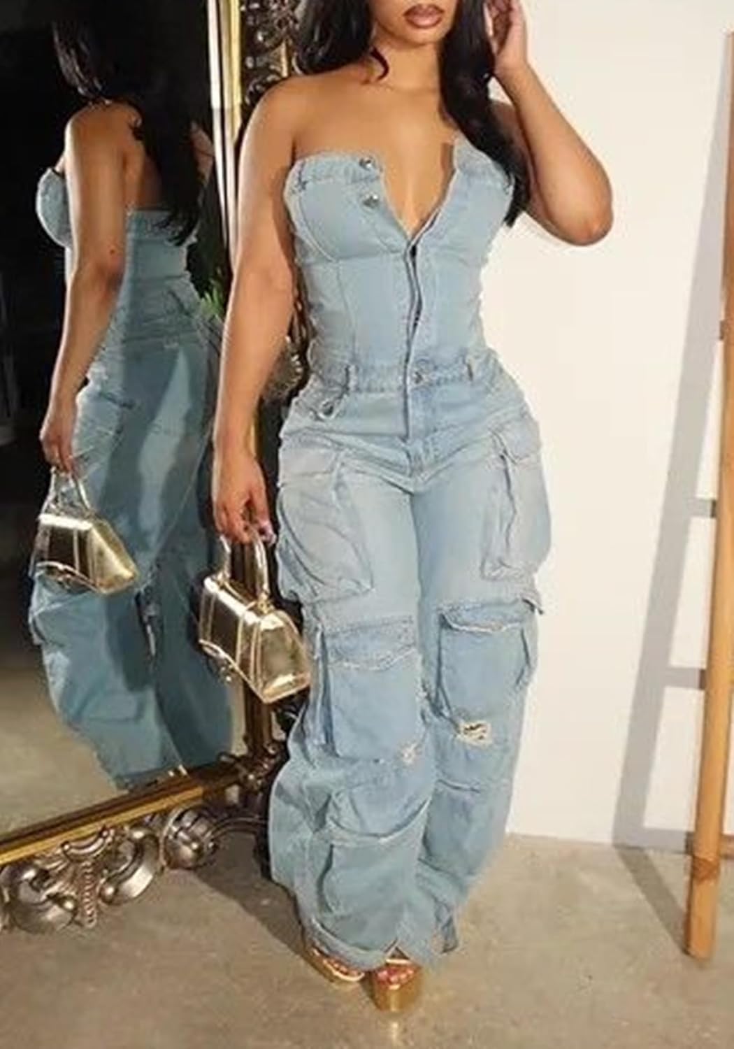 LETSVDO Women's Cargo Denim Jumpsuit Strapless Multi Pockets Wide Leg Loose Baggy Jean Romper Cargo Jeans - Image 8