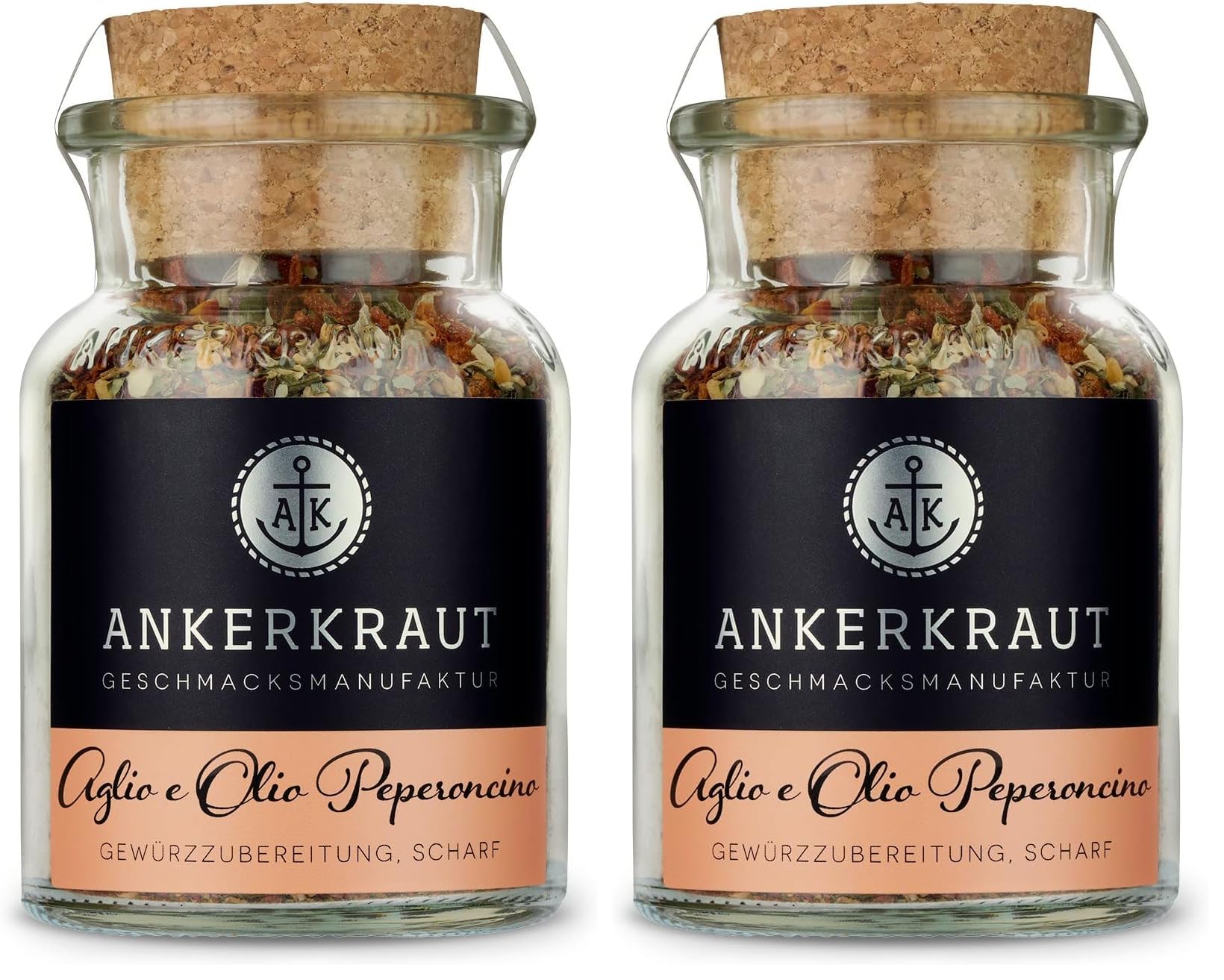 Ankerkraut Aglio e Olio Peperoncino, für Original italienische Spaghetti, Pasta kochen, Allrounder für Nudeln, leicht scharf mit Chili, Gewürz Kräuter für Küche, 65 g im Korkenglas (Packung mit 2)