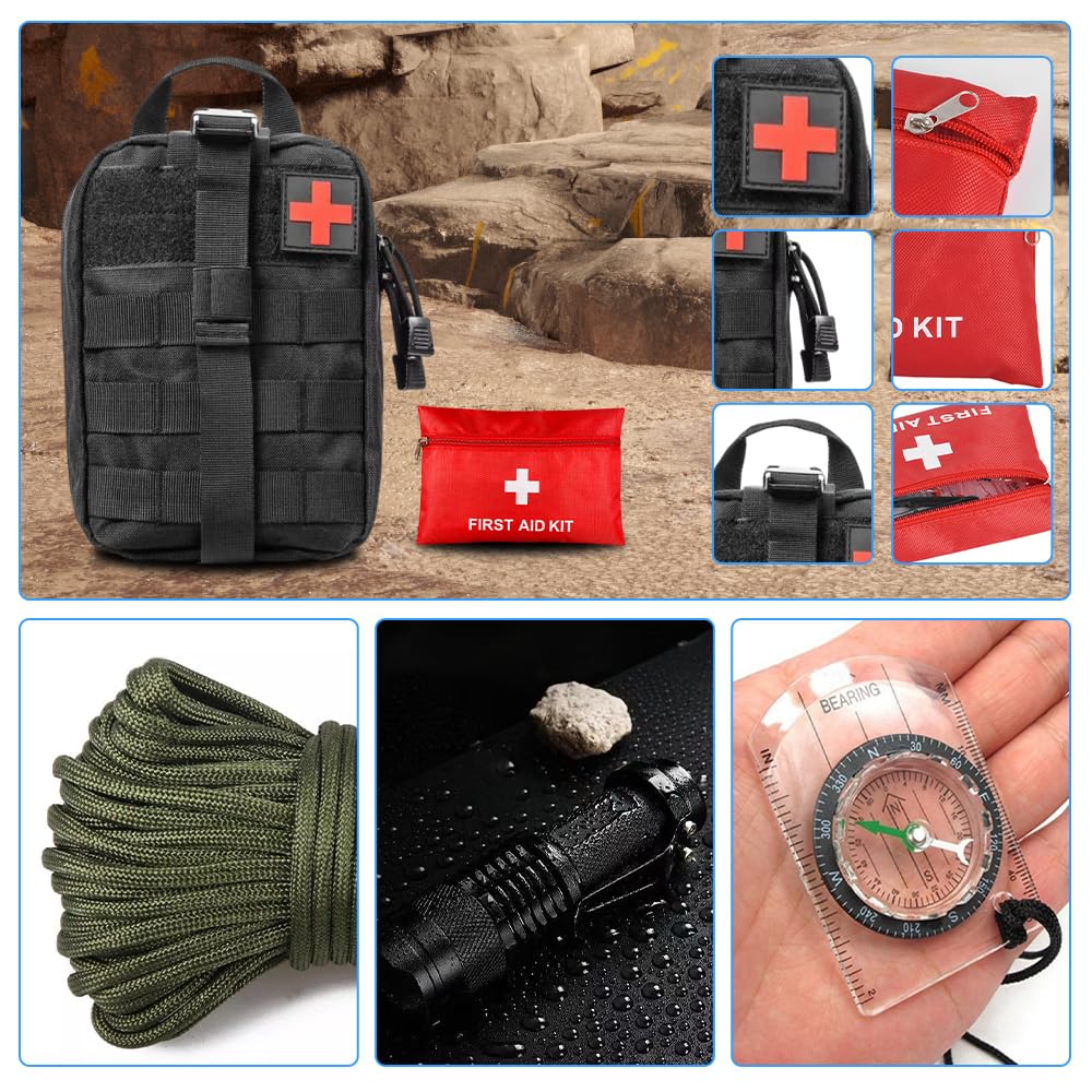 Erste Hilfe Set, Survival Kit mit Überlebenswerkzeug, Notfallrucksack Gefüllt, First Aid Kit, Survival Set Outdoor für Auto, Camping, Rucksackreisen, Wandern, Jagd