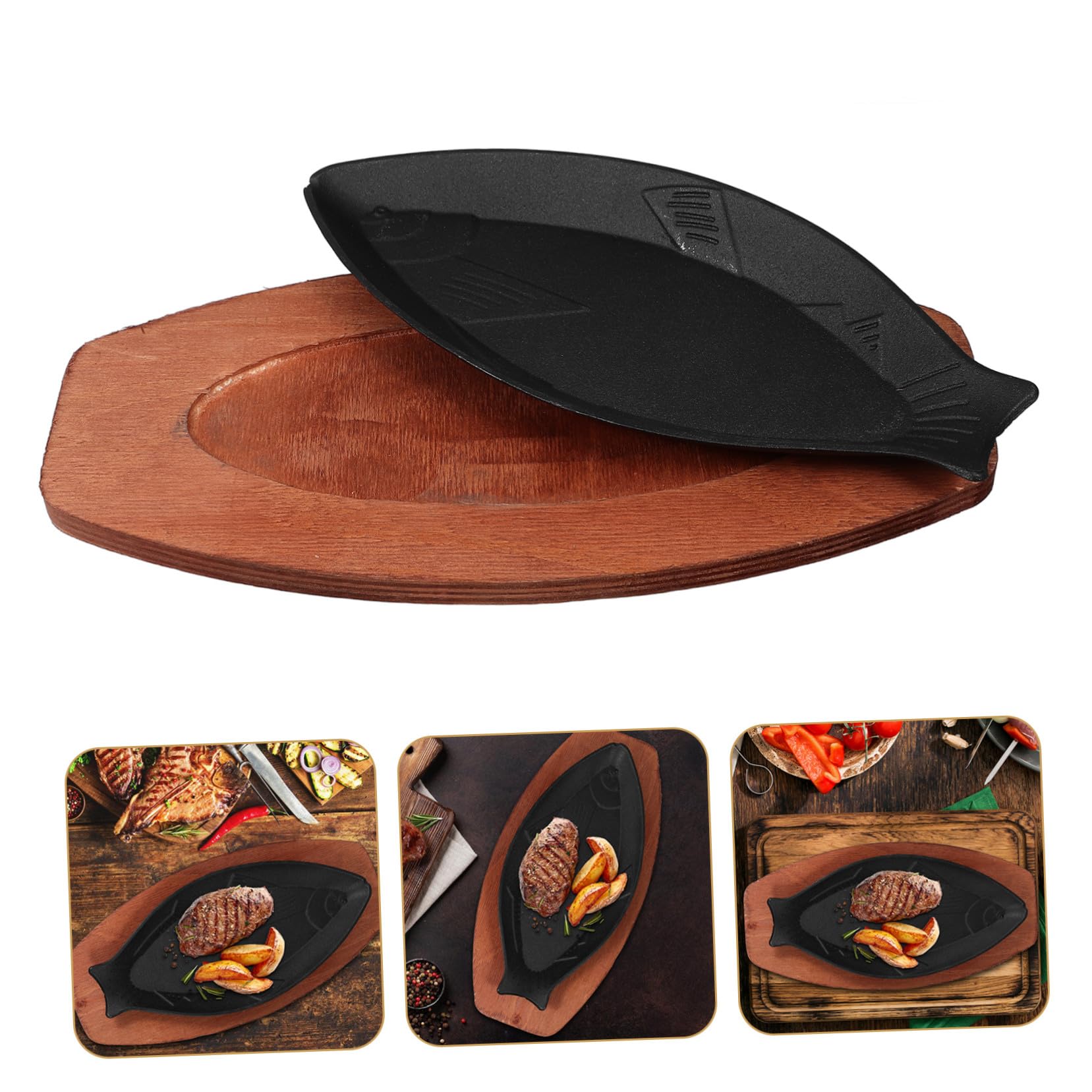 PRETYZOOM Bandeja para Asar Forma Pescado 33,5x16,5x2,5 Cm Hierro Fundido Sartén Antiadherente para Barbacoa Hogar Base de Madera Segura