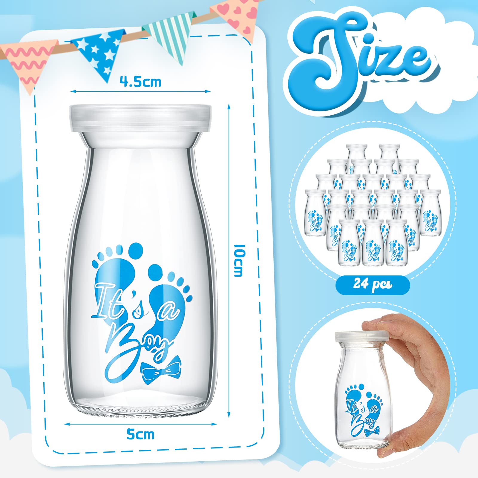 Tanlade 24 botellas de leche de 3.4 onzas con tapas de polietileno, tarros de leche para baby shower, tarros decorativos transparentes para decoración de dulces, invitados, centros de mesa Tanlade 24 botellas de leche de 3.4 onzas con tapas de polietileno, tarros de leche para baby shower, tarros decorativos transparentes para decoración de dulces, invitados, centros de mesa