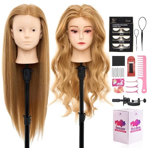 Mannequin Head with Human Hair with 80% Real Hair 28" Makeup Head | Cosmetology Hairdressing Training Head Practice Doll Head Manikin Styling Head Braiding Mannequin Head