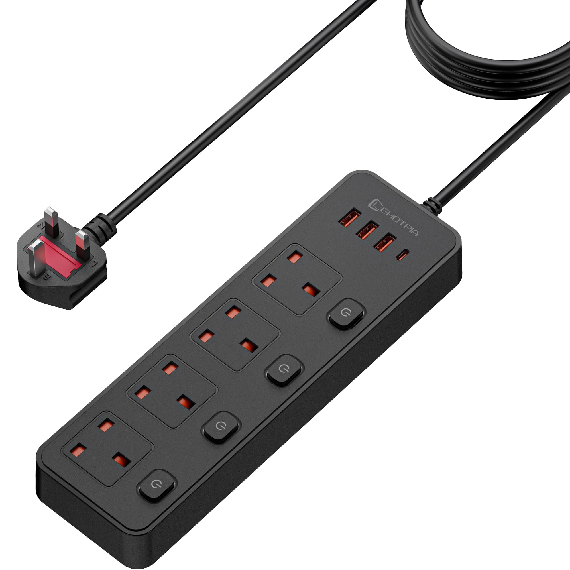 1.8M/5.9FT Extension Lead 4 AC Way, Protected Extension Cord With Individual Switches, UK Plug Power With Fast Charger 3 USB+1 Type-C Slots, Power Strip for Home Office (Black)