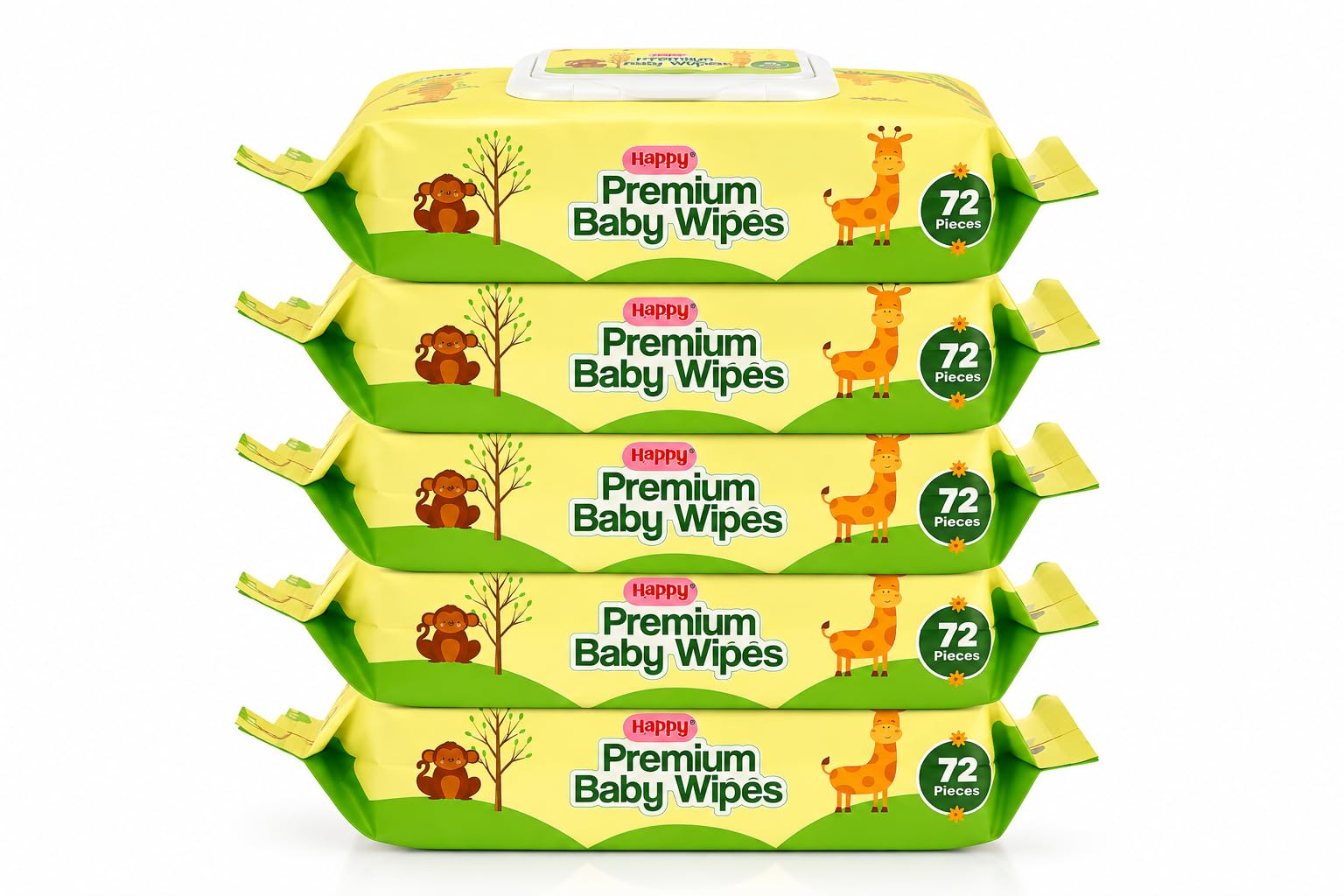 Happy Premium Baby Wipes Export Quality with Aloe Vera & Vitamin E Alcohol-Free, Dermatologically Safe & pH Balanced | Gentle Skin Care for Newborns & Toddlers | Flip-Top Lid for Lasting Moisture (5, 72 count (Pack of 5))-image-35