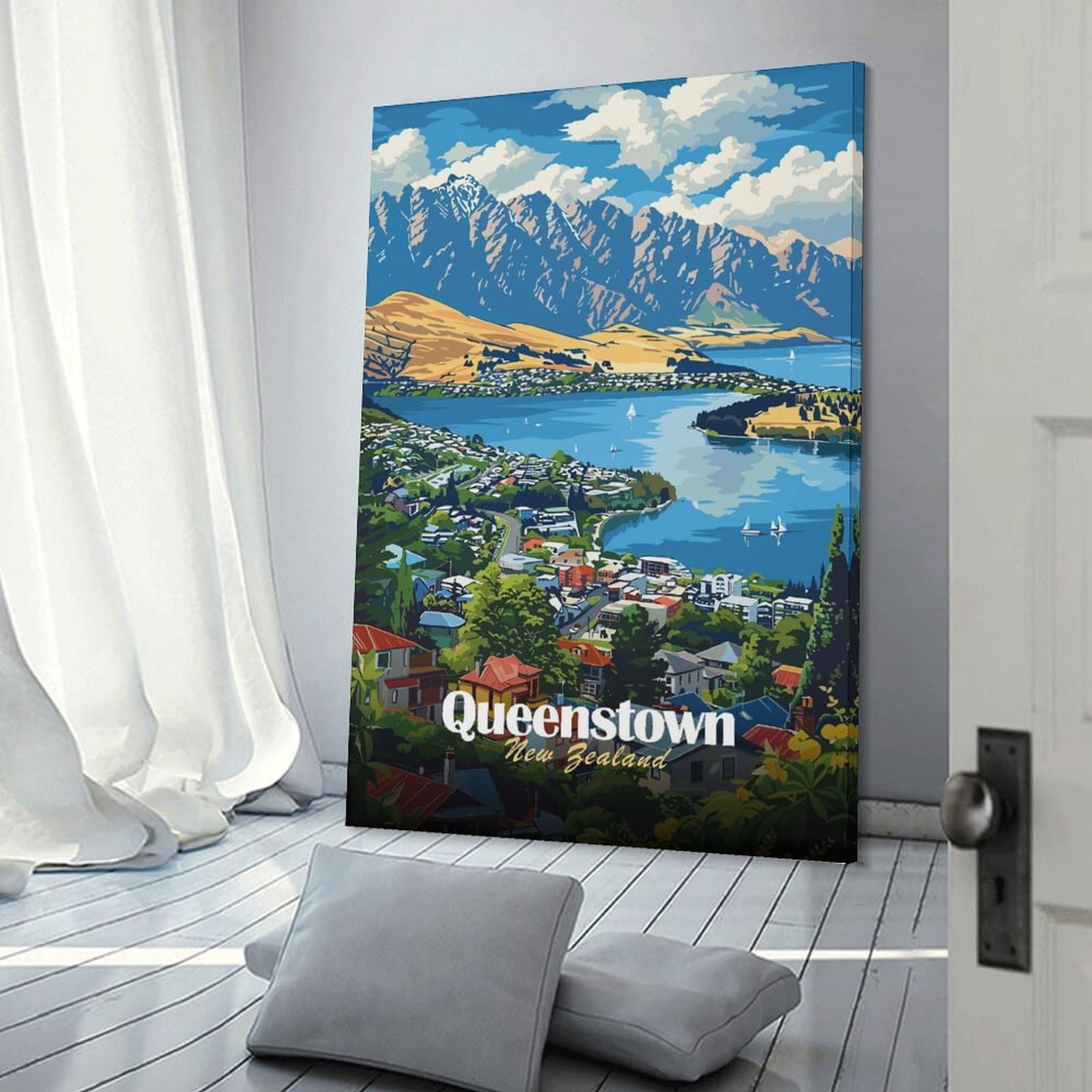 Junmoney Hanging Wall Art Queenstown New Zealand Travel (2), 20x30inch(50x75cm), for Work Areas, Reading Rooms Or Studios, Wall Art That Adds Style to Work Areas