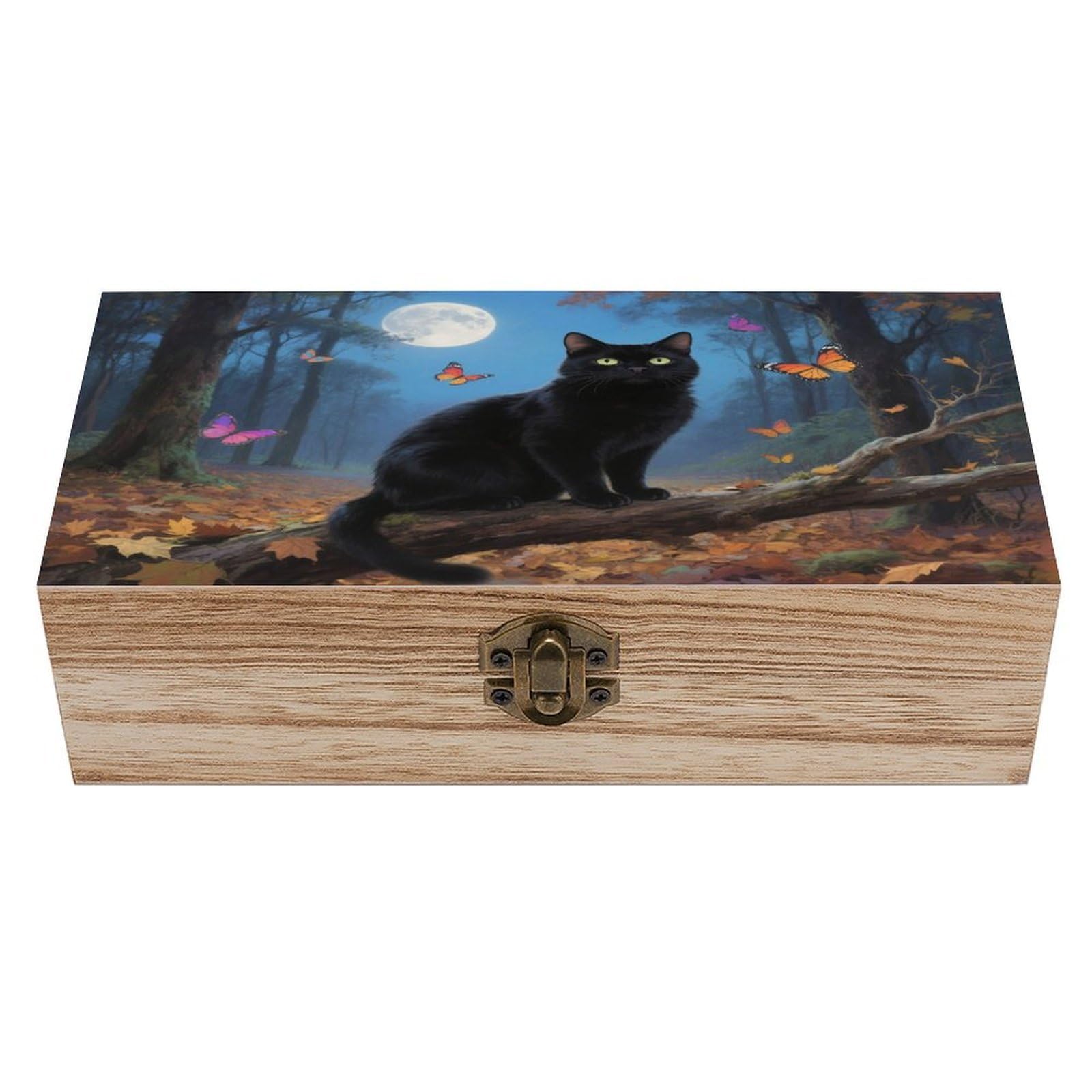 VstaDank Cat Tapestry Moon Butterfly Wooden Box Sturdy Vintage Storage Box with Hinged Lid Exquisite Wood Keepsake Boxes Large Jewelry Case Cute Trinket Holder Unique Gift for Men & Women