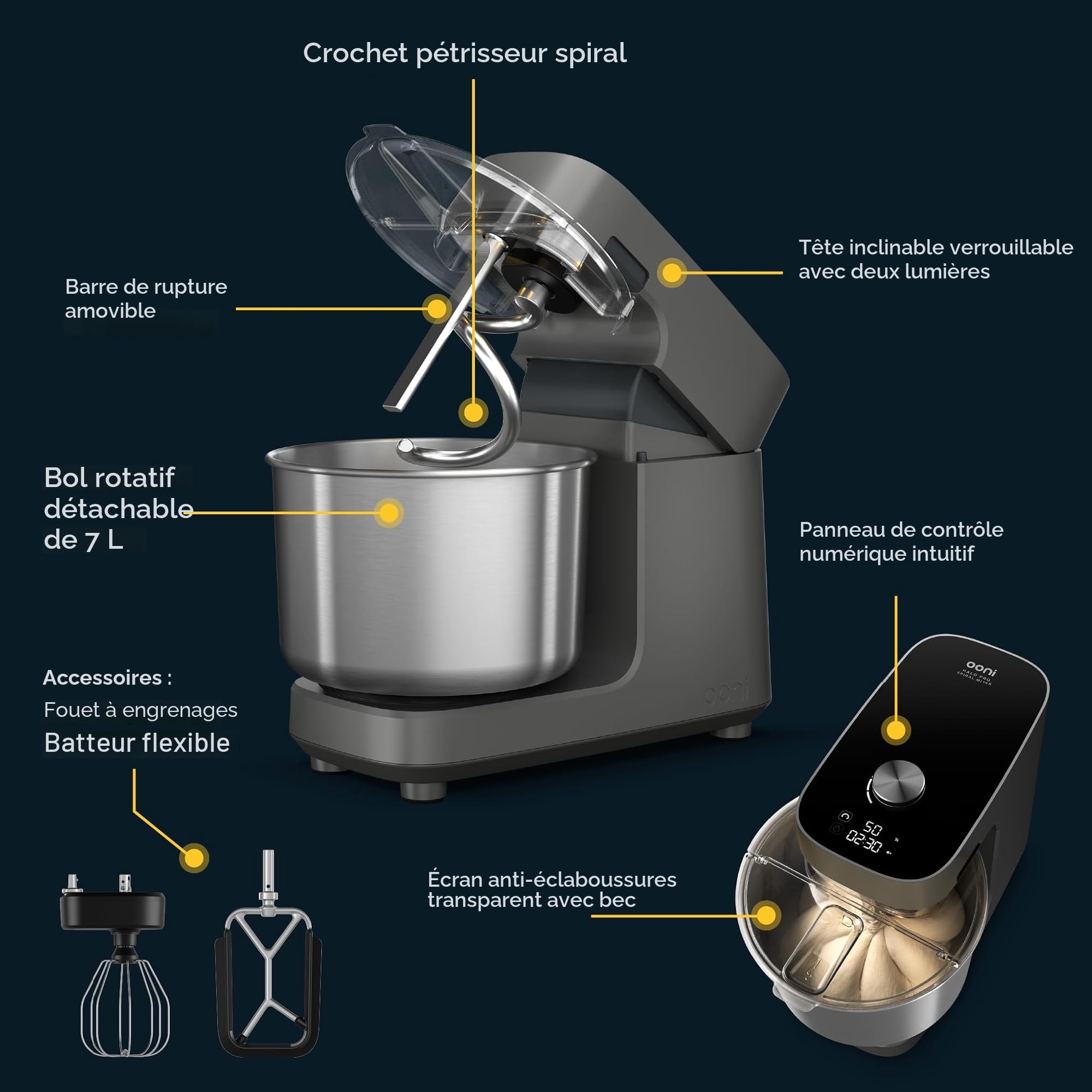Ooni Halo Pro Pétrin Spirale Professionnel – Robot de Cuisine & Machine à Pétrir 7,3 L avec Accessoires, 58 Vitesses – Idéal pour Pâte à Pain et à Pizza – Pétrin Pizza Gris Anthracite