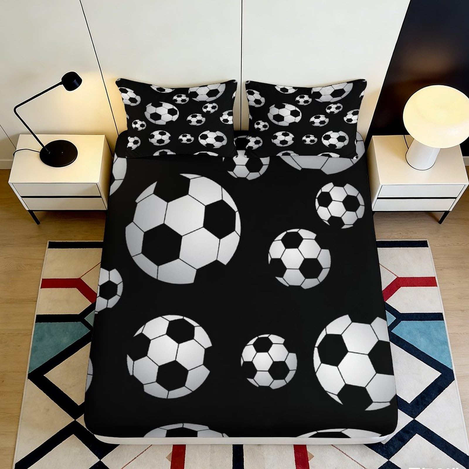 3D Printed Soccer Ball Fitted Sheet Microfiber Black Mattress Cover for Bedroom Guest Room Dorm Protector Decor 90x200x25cm