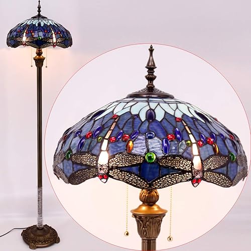 Miniatura 5 de WERFACTORY Tiffany - Lámpara de pie con libélula azul, luz de lectura de pie de 16 x 16 x 64 pulgadas, lámpara de esquina de poste antiguo,