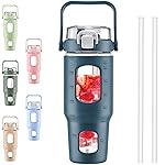 BLUEGO 32oz Glass Water Bottles with Straw Time Marker Half Gallon Large Motivational Water Bottle with Silicone Sleeve 2 Liter Large Glass Water Jug for Gym, Sports& Workout, Daily, Dark Blue