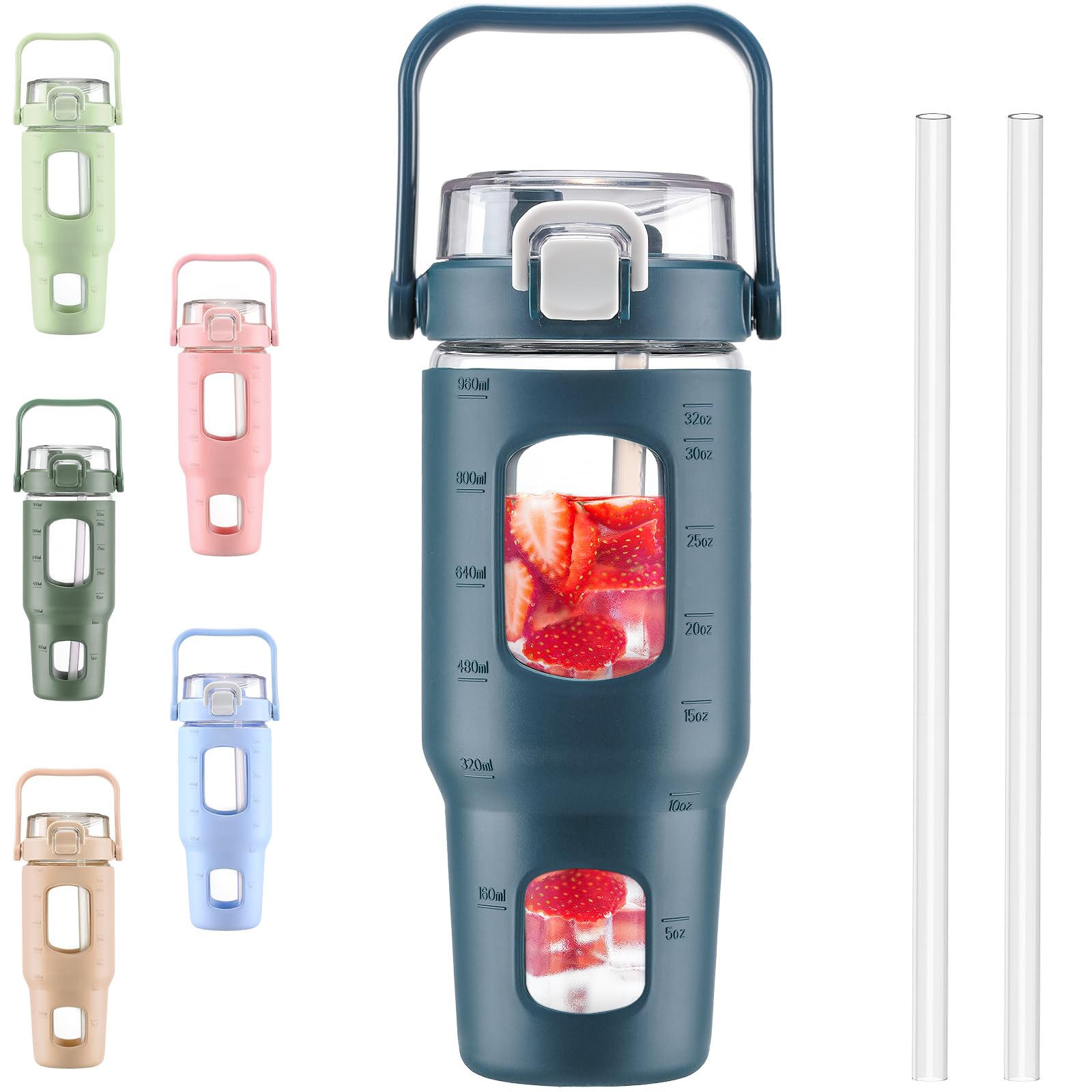 BLUEGO 960ml Bottiglie d'acqua in vetro con cannuccia e indicatore del tempo Bottiglia d'acqua sportiva grande con custodia in silicone 0,96 litri Brocca d'acqua in vetro per palestra, Blu scuro