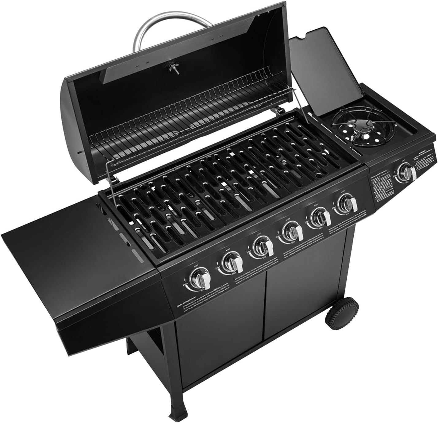 TAINO Basic 6+1 Gas Barbecue, top-down view with lid open