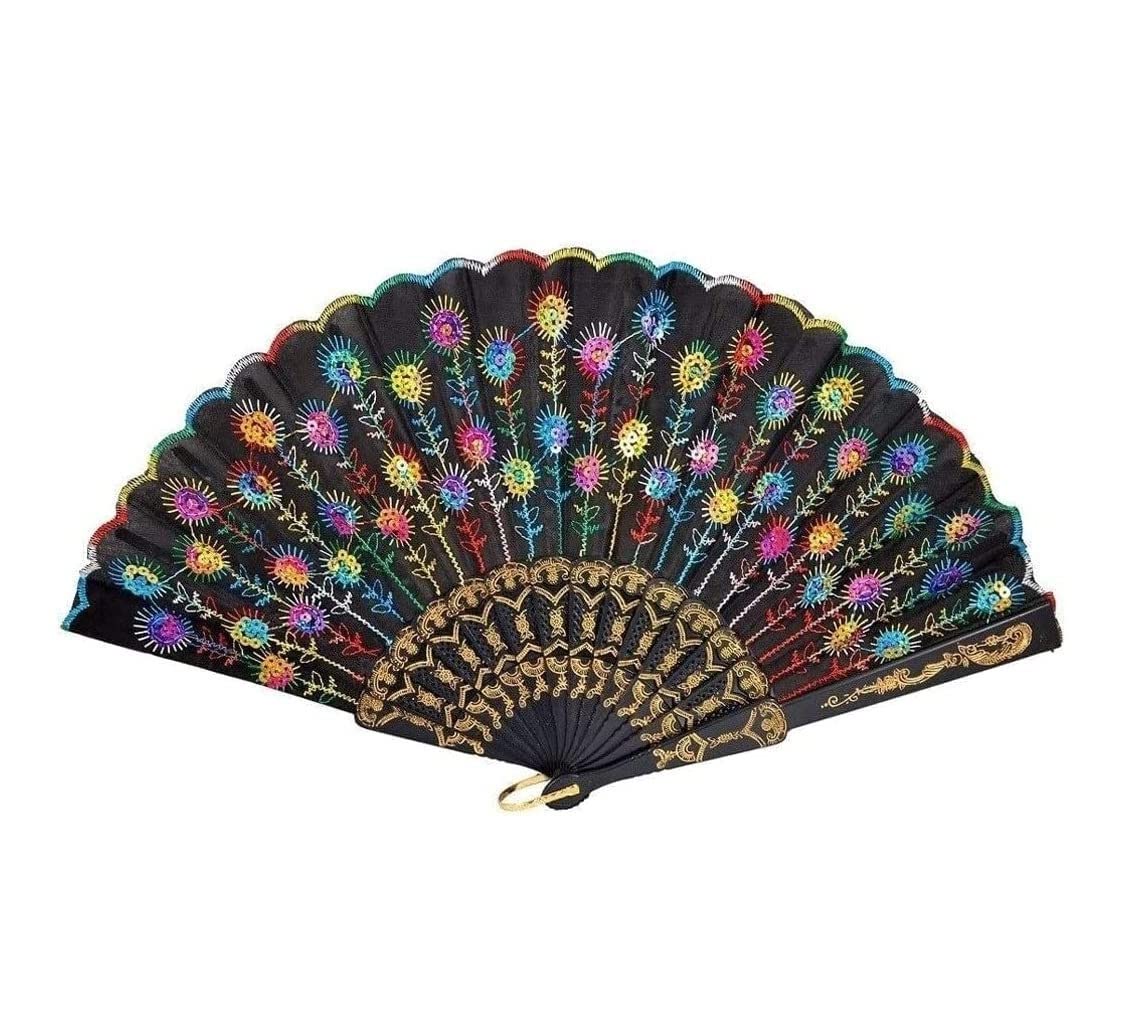 Abanico Banquete De Boda Verano 2 Uds Abanicos Plegables para Mujer, Elegante Colorido Bordado Pavo Real Patrón Tela De Lentejuelas Abanico Mano